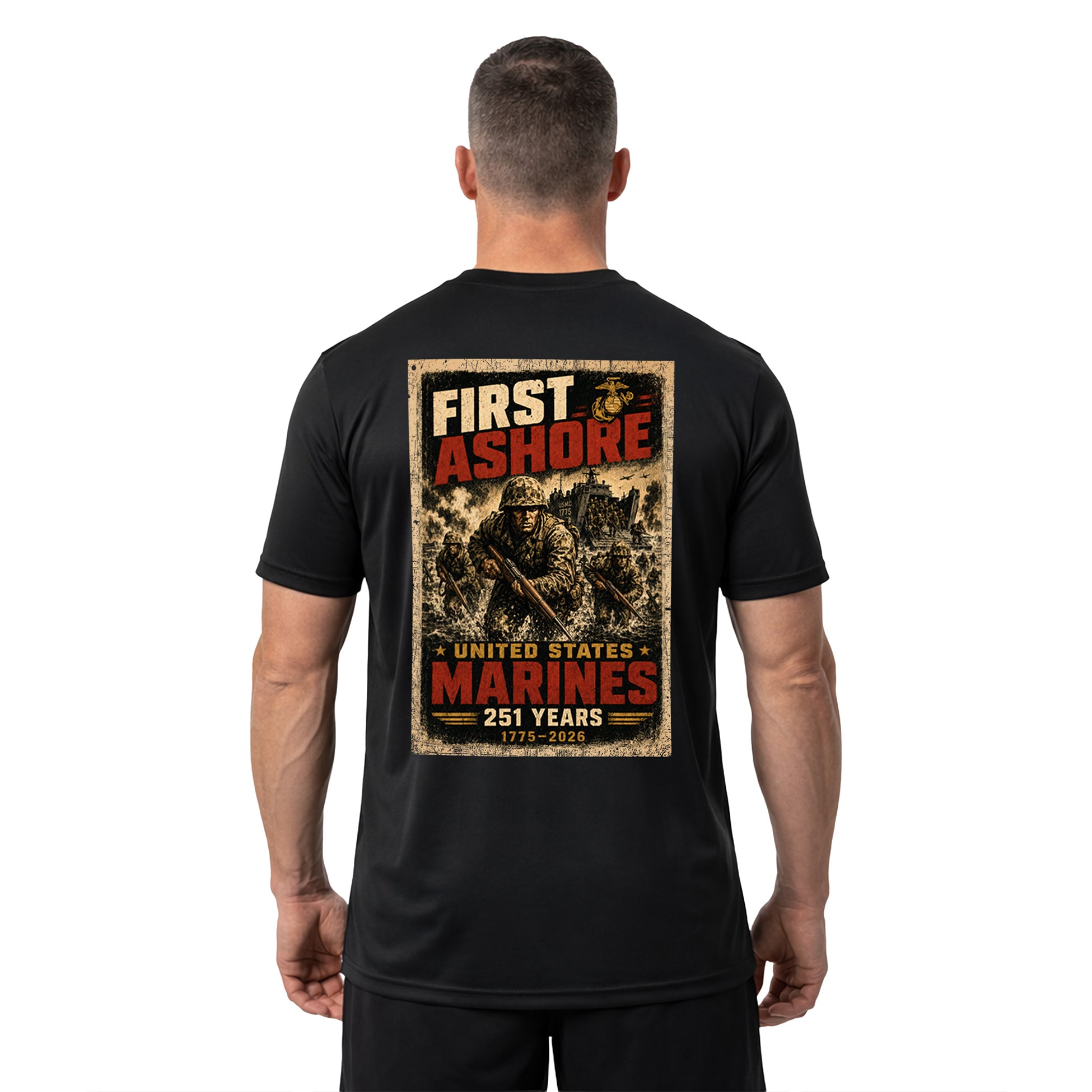 Black USMC 251st Birthday First Ashore performance T-shirt with Marines landing graphic
