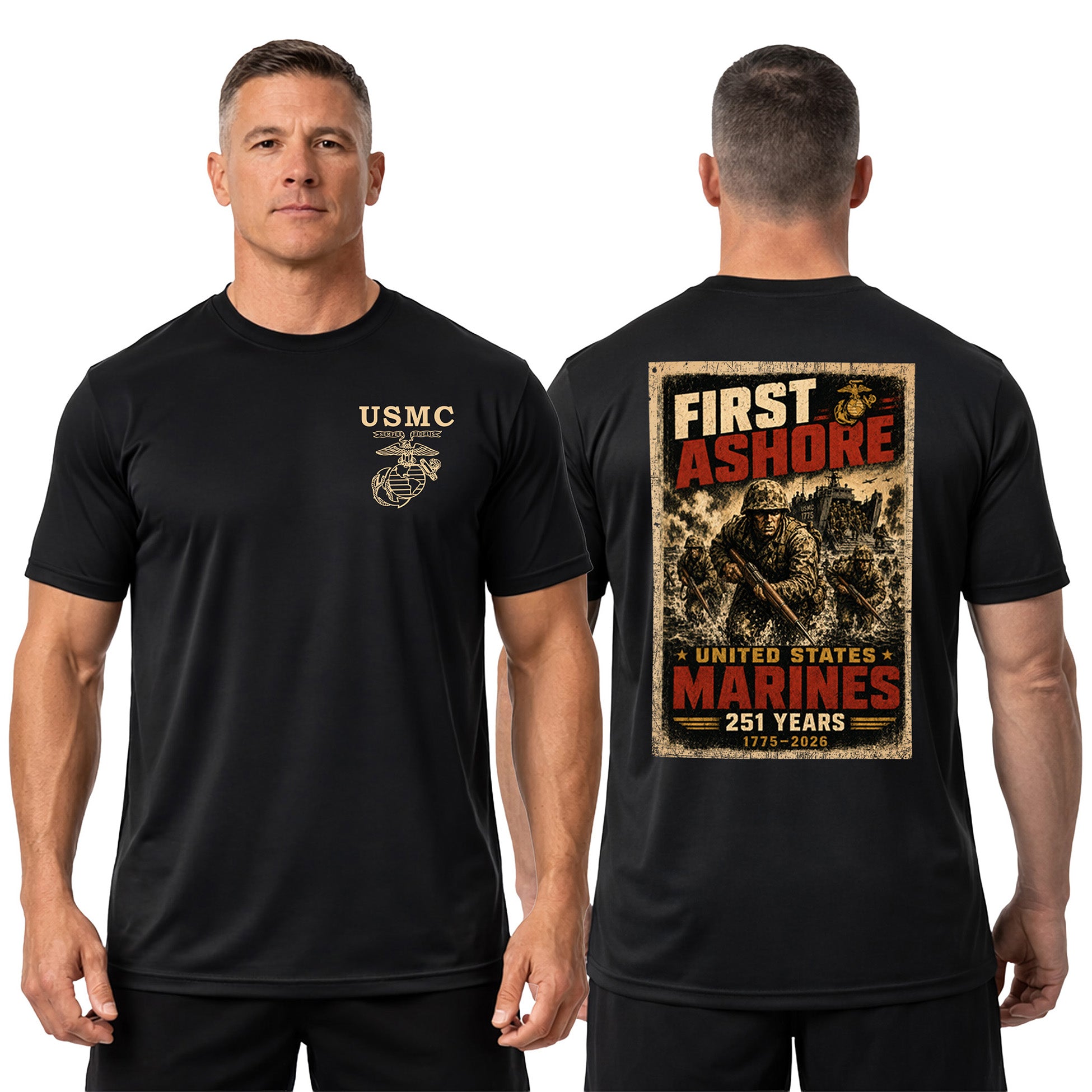 Black USMC 251st Birthday First Ashore performance T-shirt with Marines landing graphic and Old School Eagle Globe and Anchor chest seal