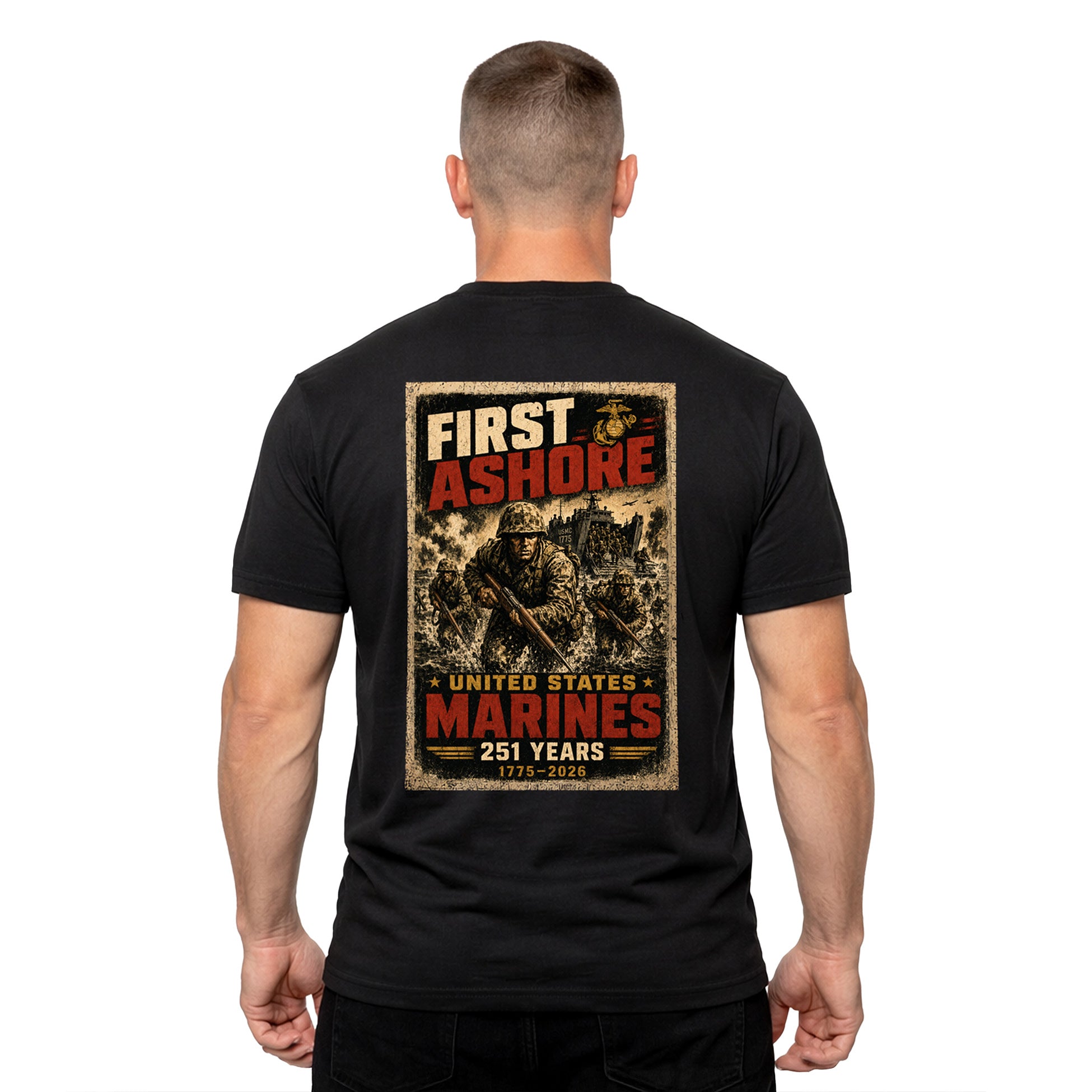 Black USMC 251st Birthday First Ashore T-shirt with Marines landing graphic, 1775–2026 anniversary design