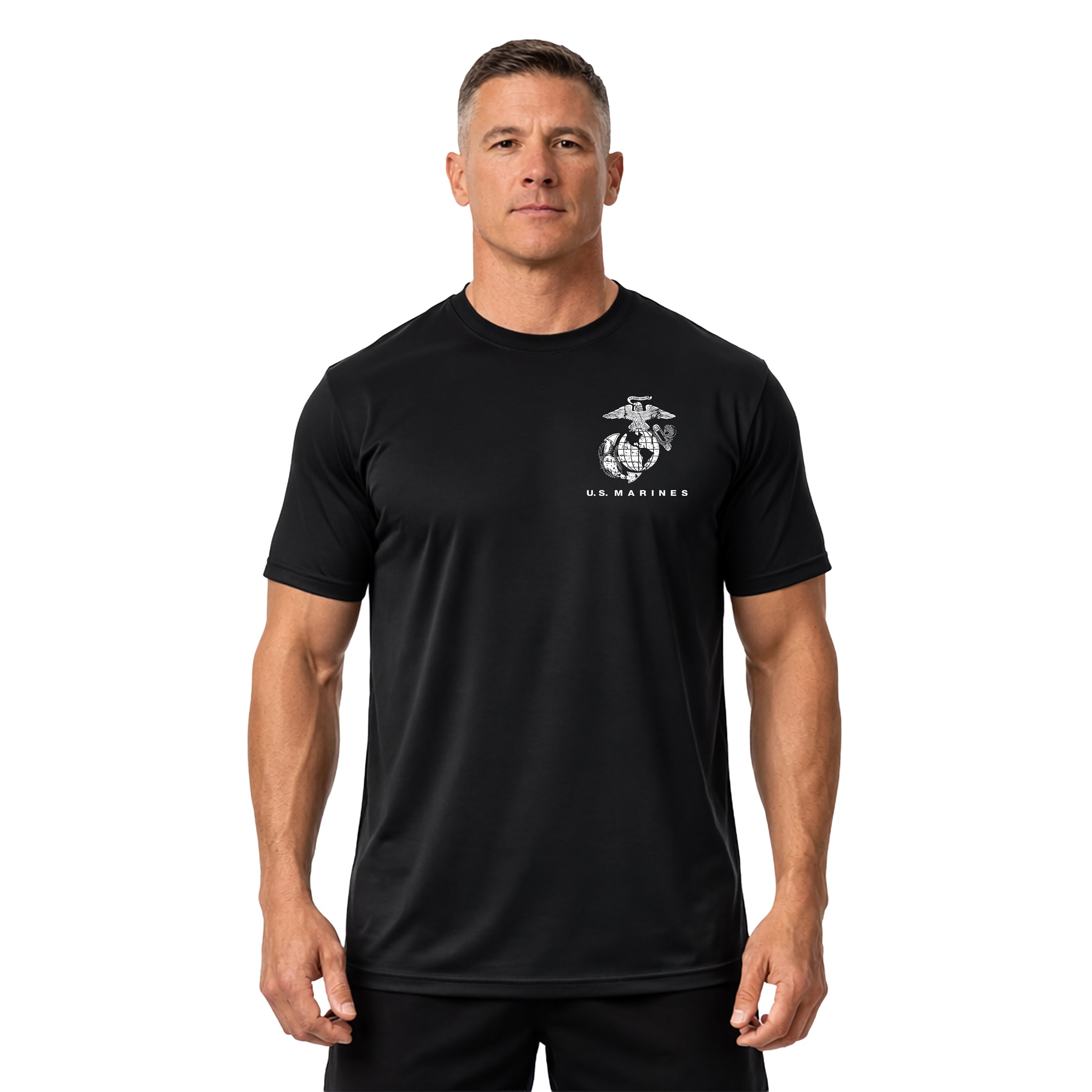 USMC Global Guardians performance T-shirt with Eagle Globe and Anchor and U.S. Marines chest graphic. Marines black performance tee. USMC activewear