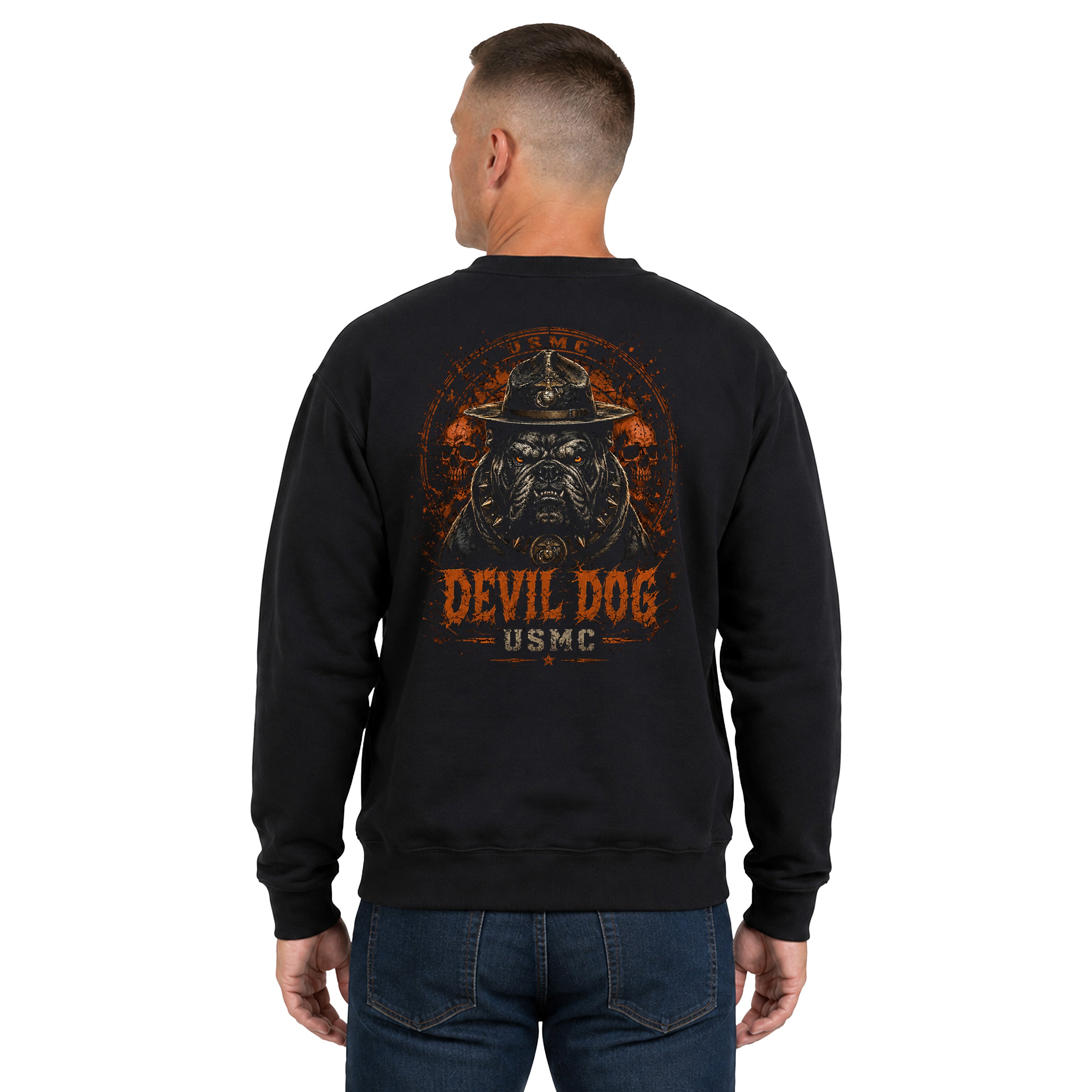 Black USMC Devil Dog Halloween sweatshirt with campaign-cover bulldog, skull background, orange lettering