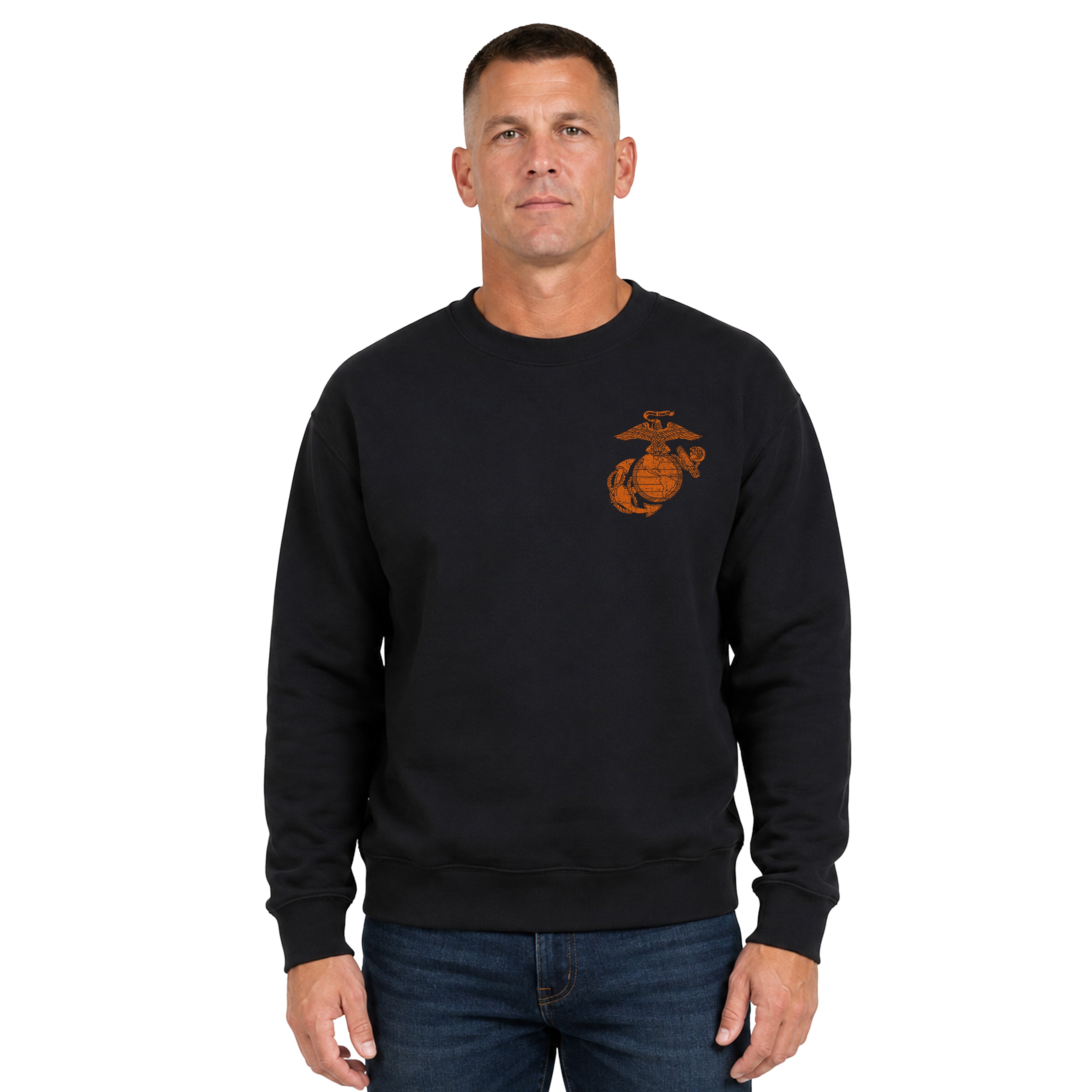 Black USMC Devil Dog Halloween sweatshirt with orange Eagle Globe and Anchor chest graphic