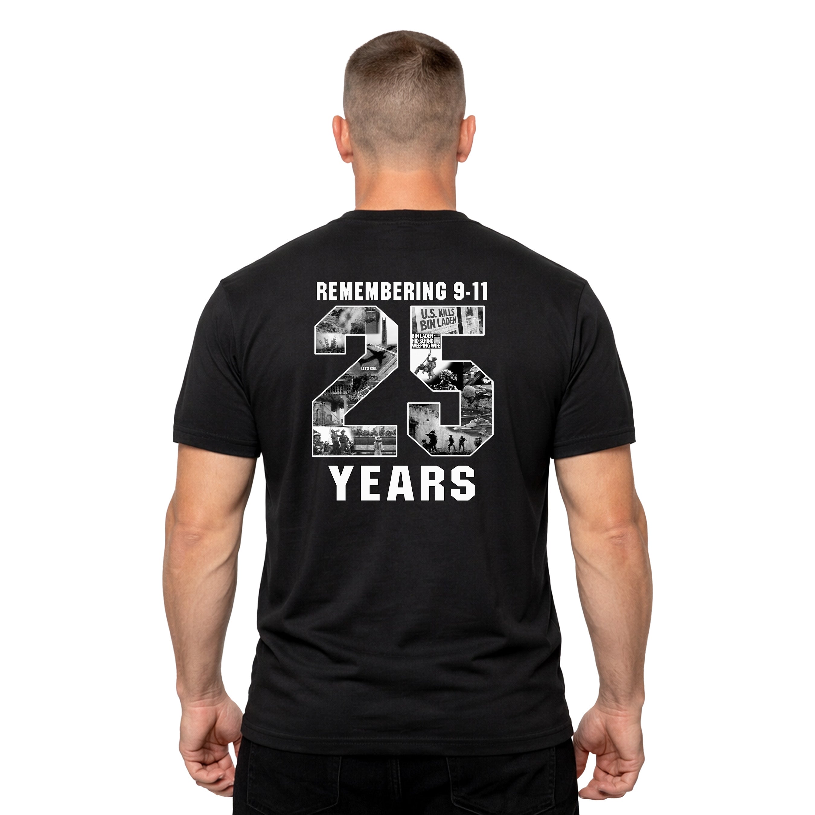 9/11 remembrance T-shirt honoring the 25th anniversary of September 11 with patriotic memorial design and Never Forget message