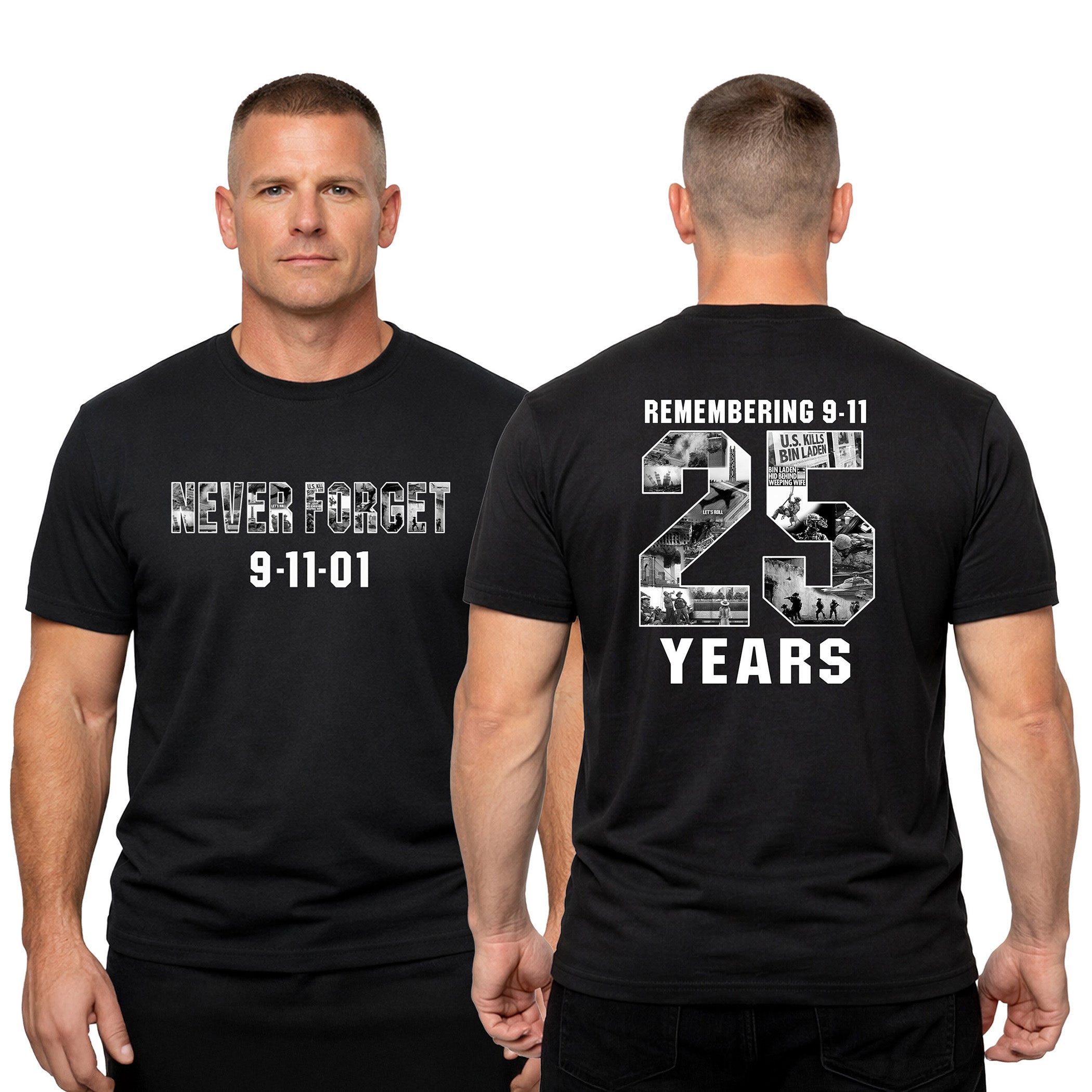 9/11 remembrance T-shirt honoring the 25th anniversary of September 11 with patriotic memorial design and Never Forget message
