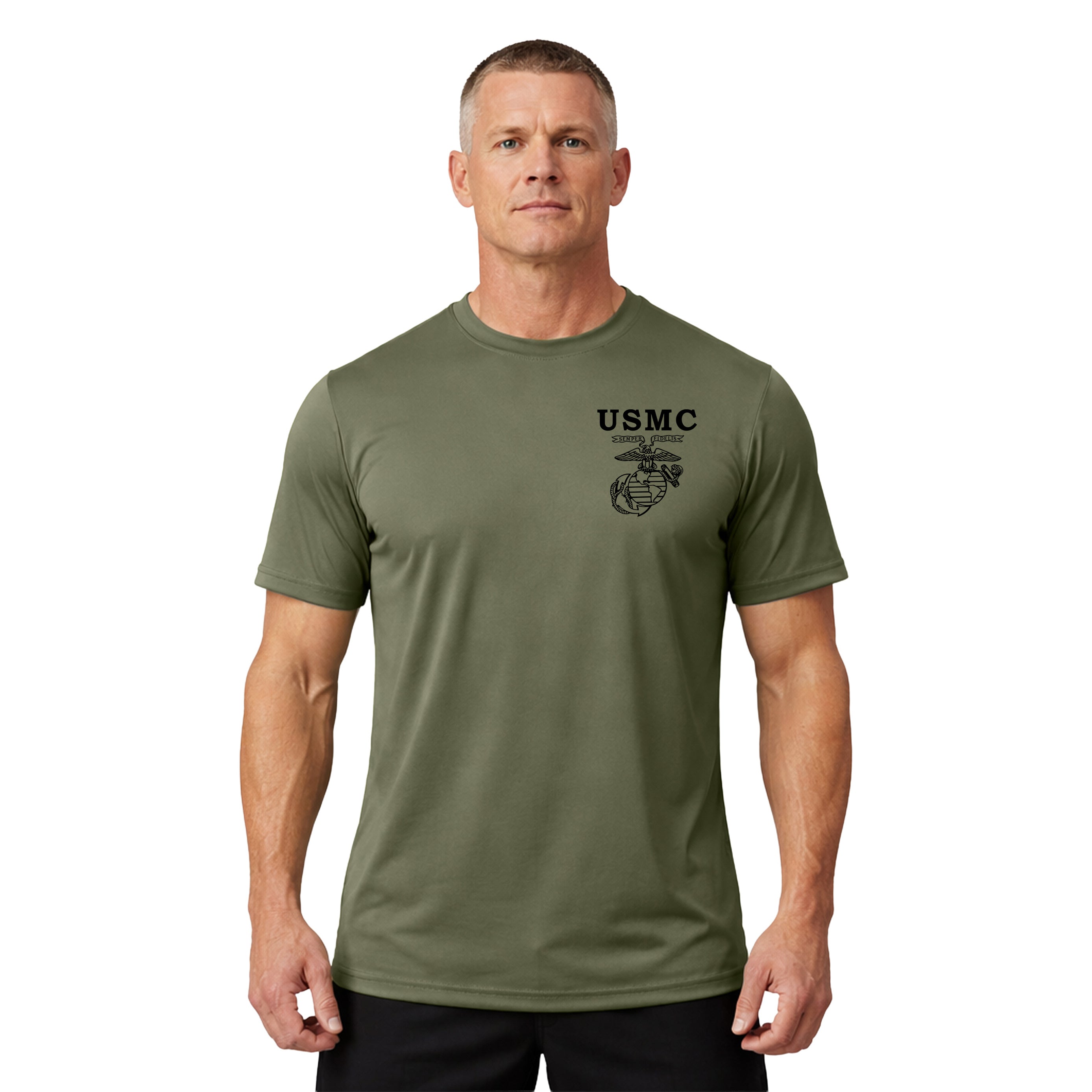USMC Old School EGA performance T-shirt with Semper Fidelis Eagle Globe and Anchor chest. Marines Green Performance Tee. USMC Activewear