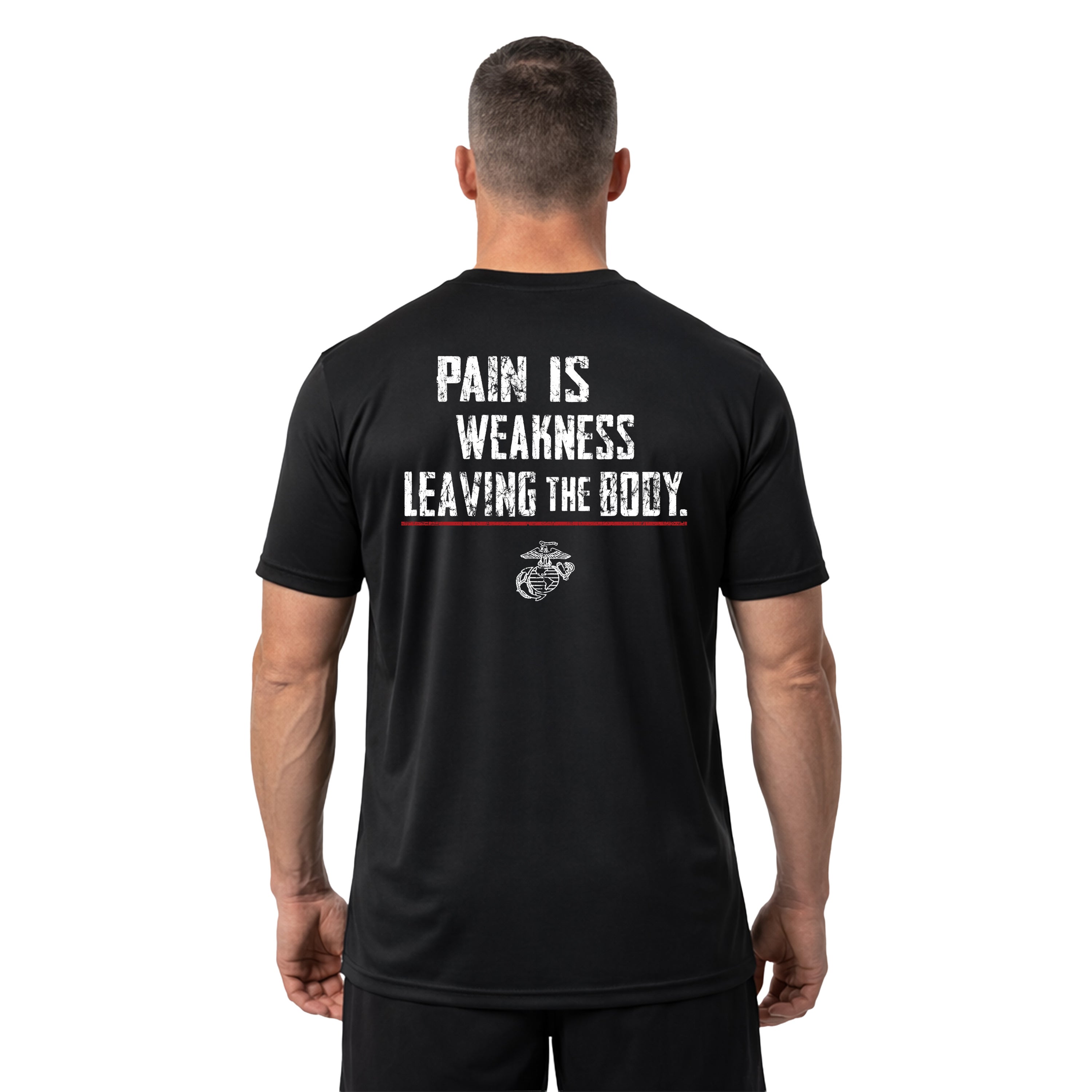Black USMC Performance T-shirt with motivational quote, “Pain Is Weakness Leaving the Body,”. Marine Corps Performance Tee