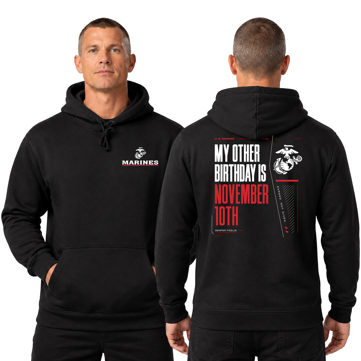 model wearing Black USMC My Other Birthday Is November 10th hoodie with Marines Red Line EGA chest seal and Marine Corps Birthday back graphic that says 'My other birthday is November. 10th'