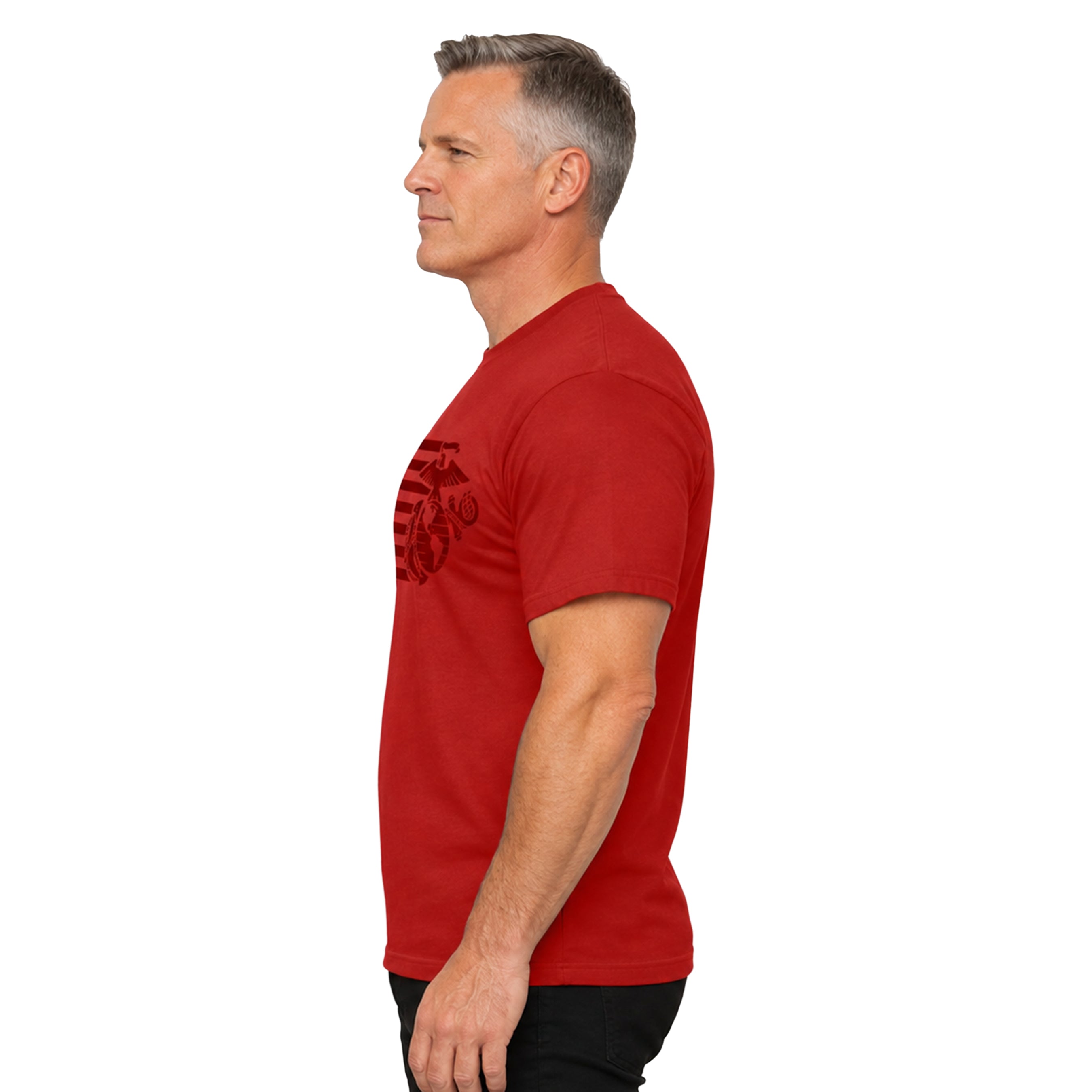 Red USMC Split Flag and EGA t-shirt with monochromatic Marine Corps EGA and American Flag Design. Marines Patriotic Tee.