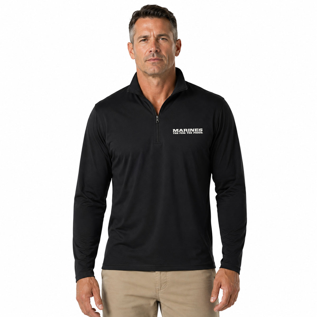 model wearing Black Marines The Few The Proud silicone patch performance quarter-zip pullover with raised USMC chest logo