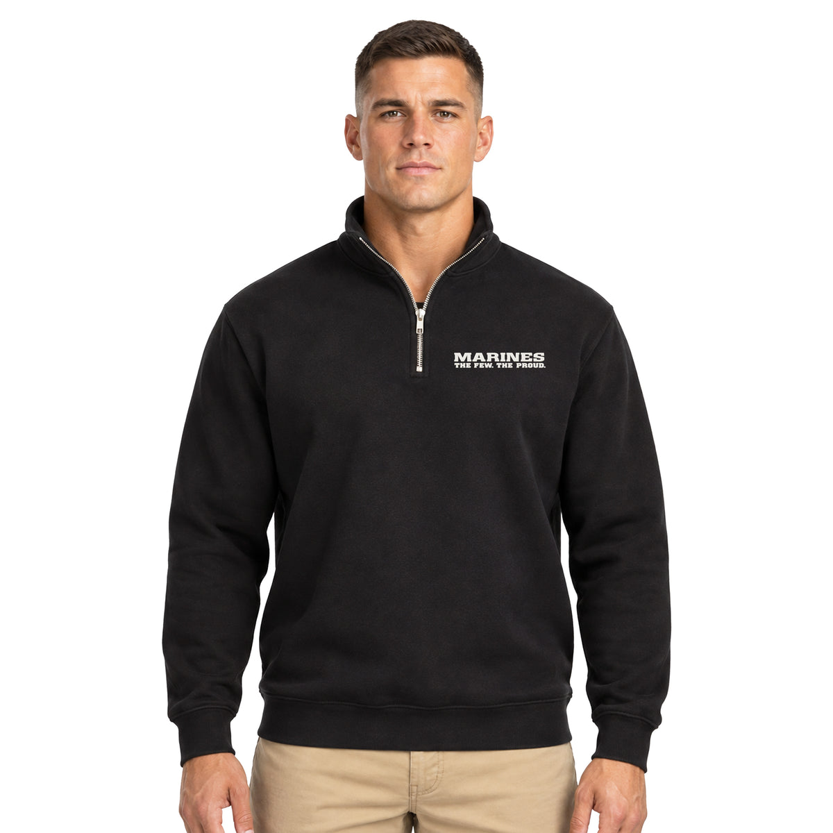 Model Wearing Black Marines The Few The Proud silicone patch midweight quarter-zip pullover