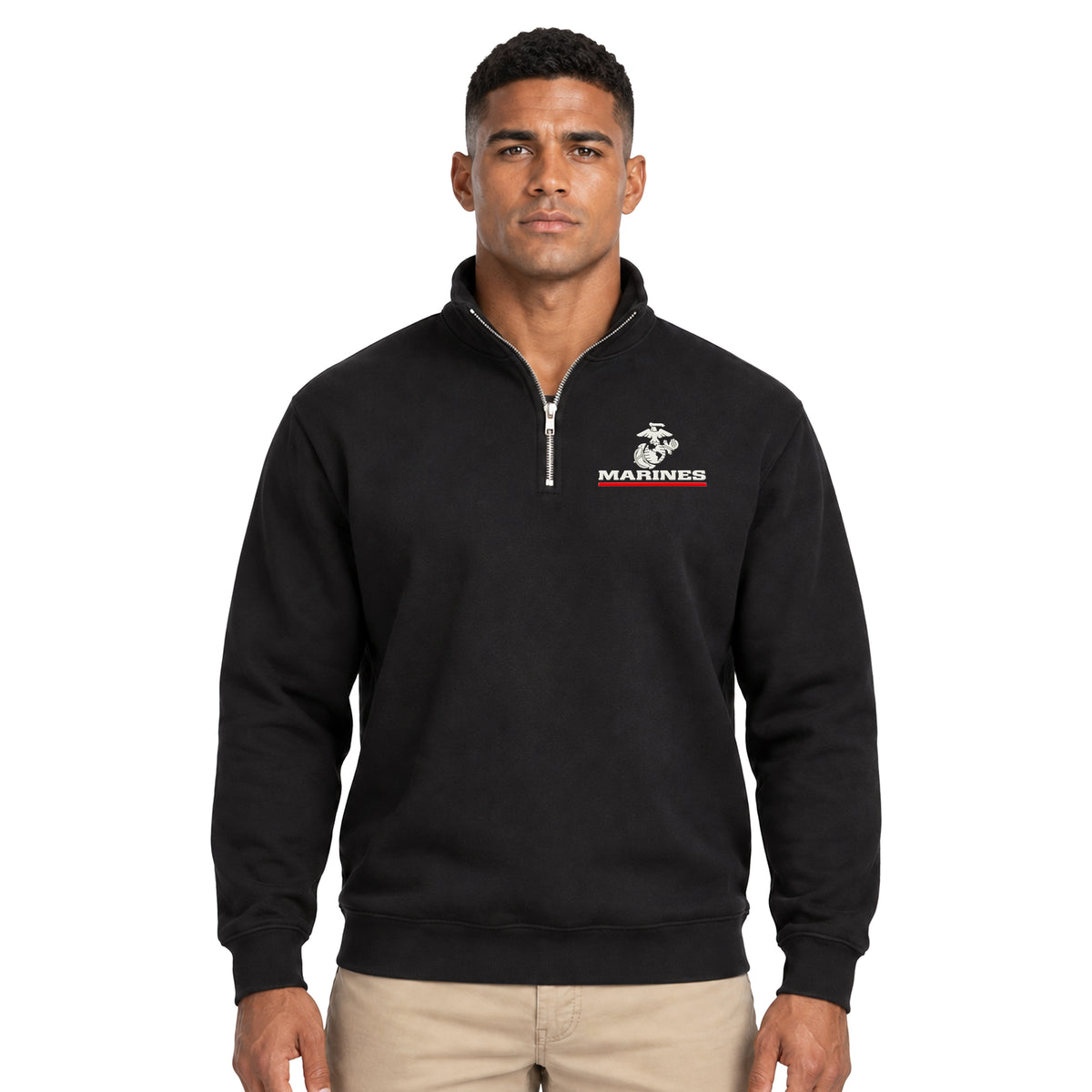 Model Wearing Black Marines Red Line EGA silicone patch midweight quarter-zip pullover