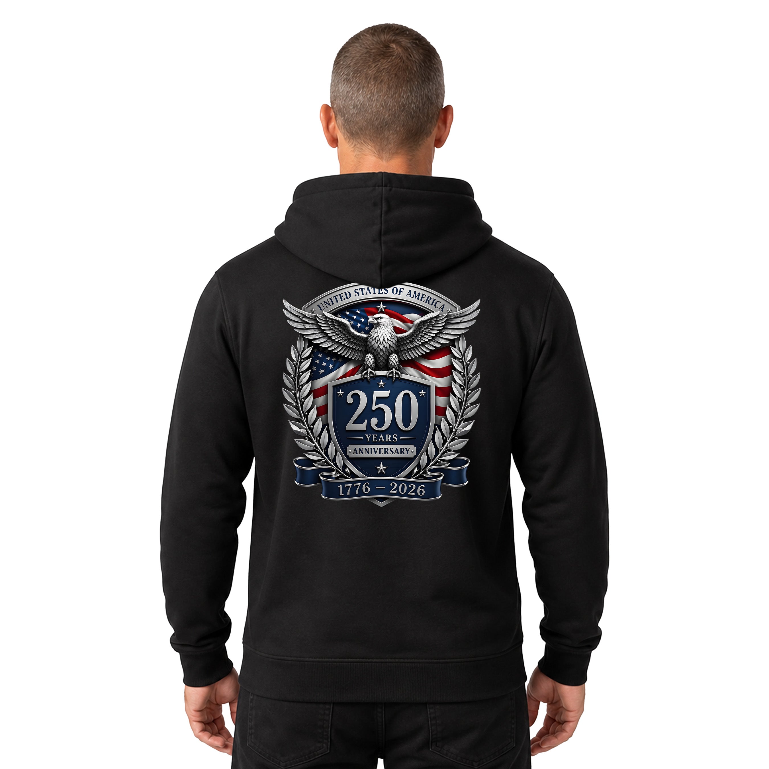 America's 250th birthday hoodie. USA 250 years anniversary hoodie with freedom eagle design and American flag back print.  Black Patriotic Hoodie