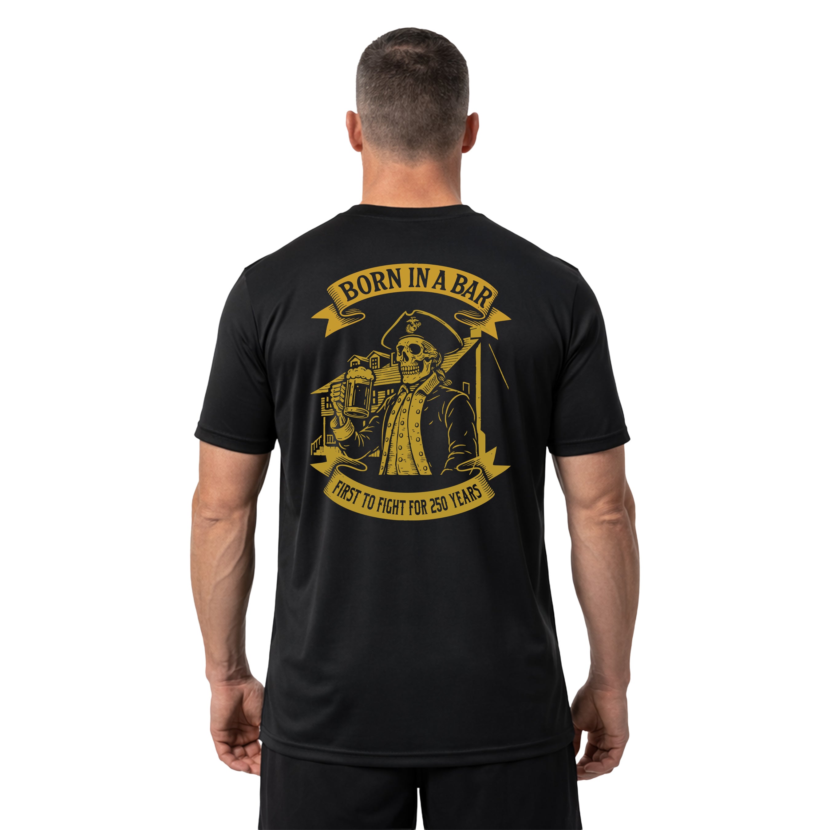 Marine Corps 250th Birthday Born in a Bar performance t-shirt. Featuring a front chest seal with Eagle, Globe, and Anchor and back graphic of skeleton Marine at Tun Tavern with Born in a Bar banner. USMC 250th Anniversary Tee