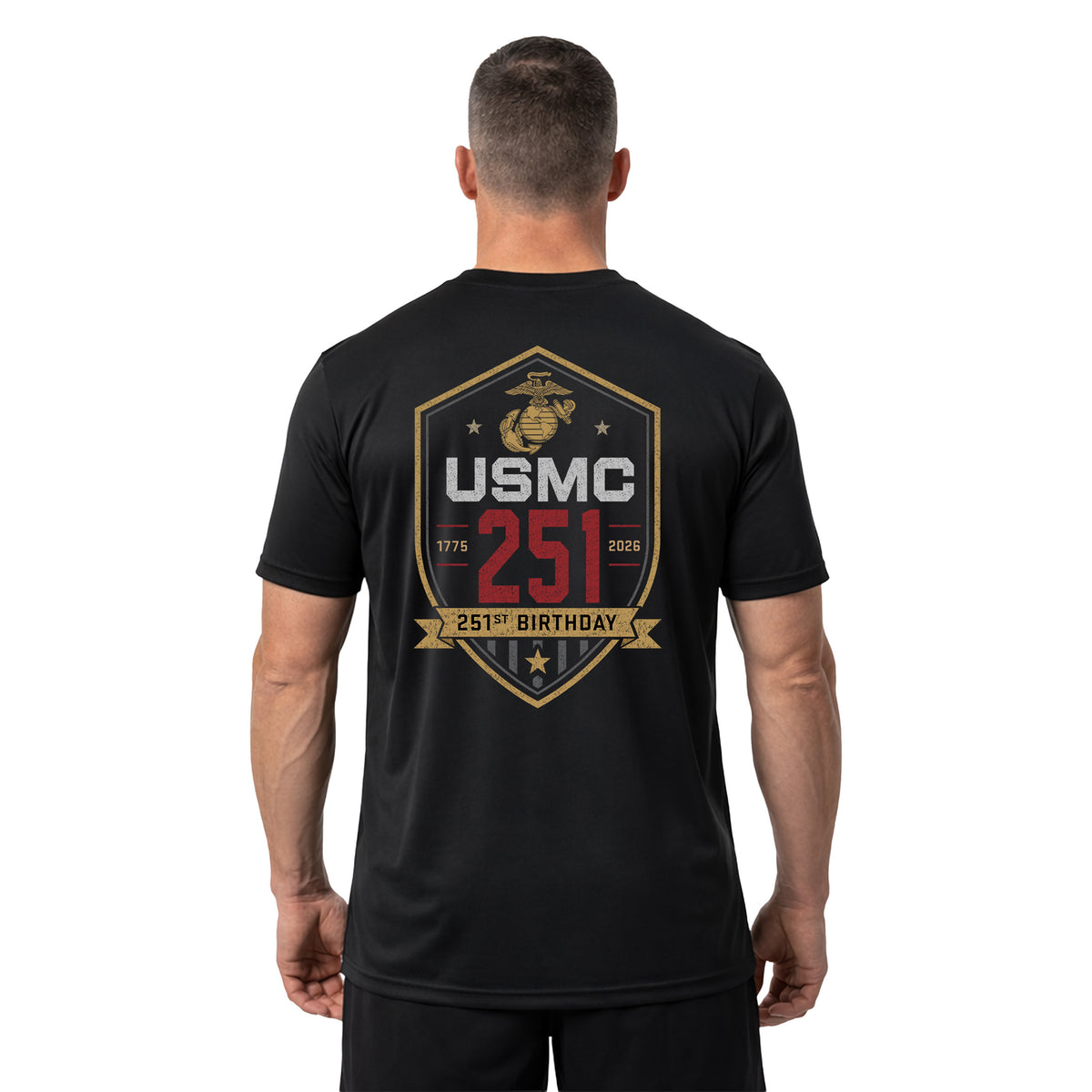 Black USMC 251st Birthday performance T-shirt 1775–2026 with shield back graphic