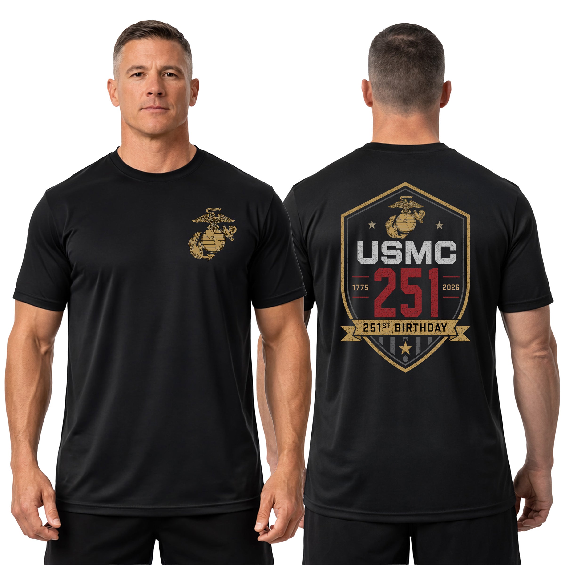 Black USMC 251st Birthday performance T-shirt 1775–2026 with shield back graphic and Eagle Globe and Anchor chest design