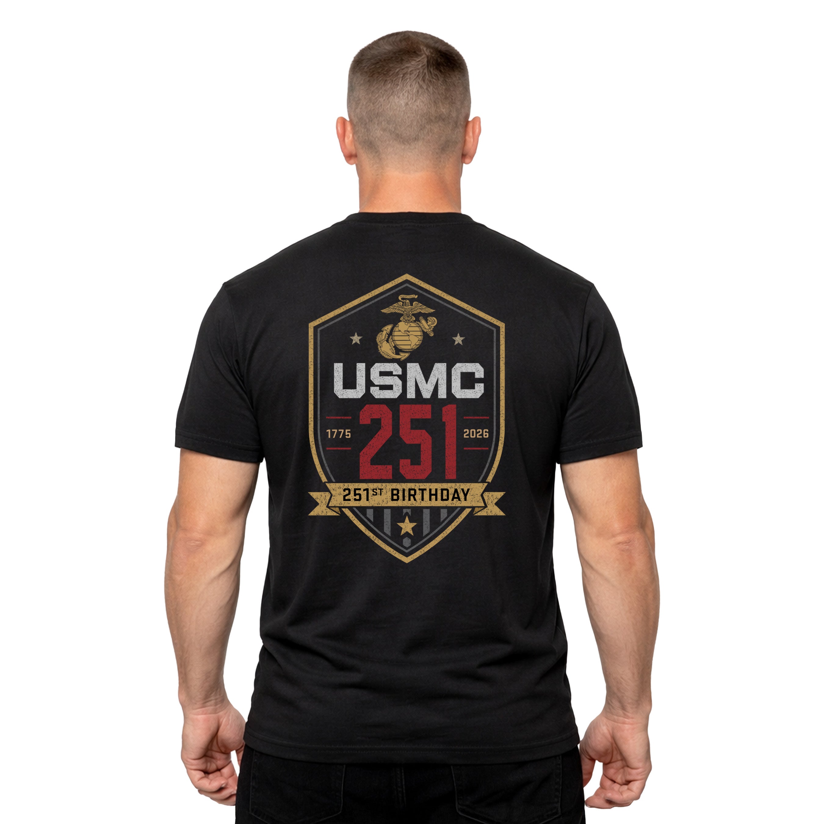 Black USMC 251st Birthday T-shirt 1775–2026 with shield back graphic 