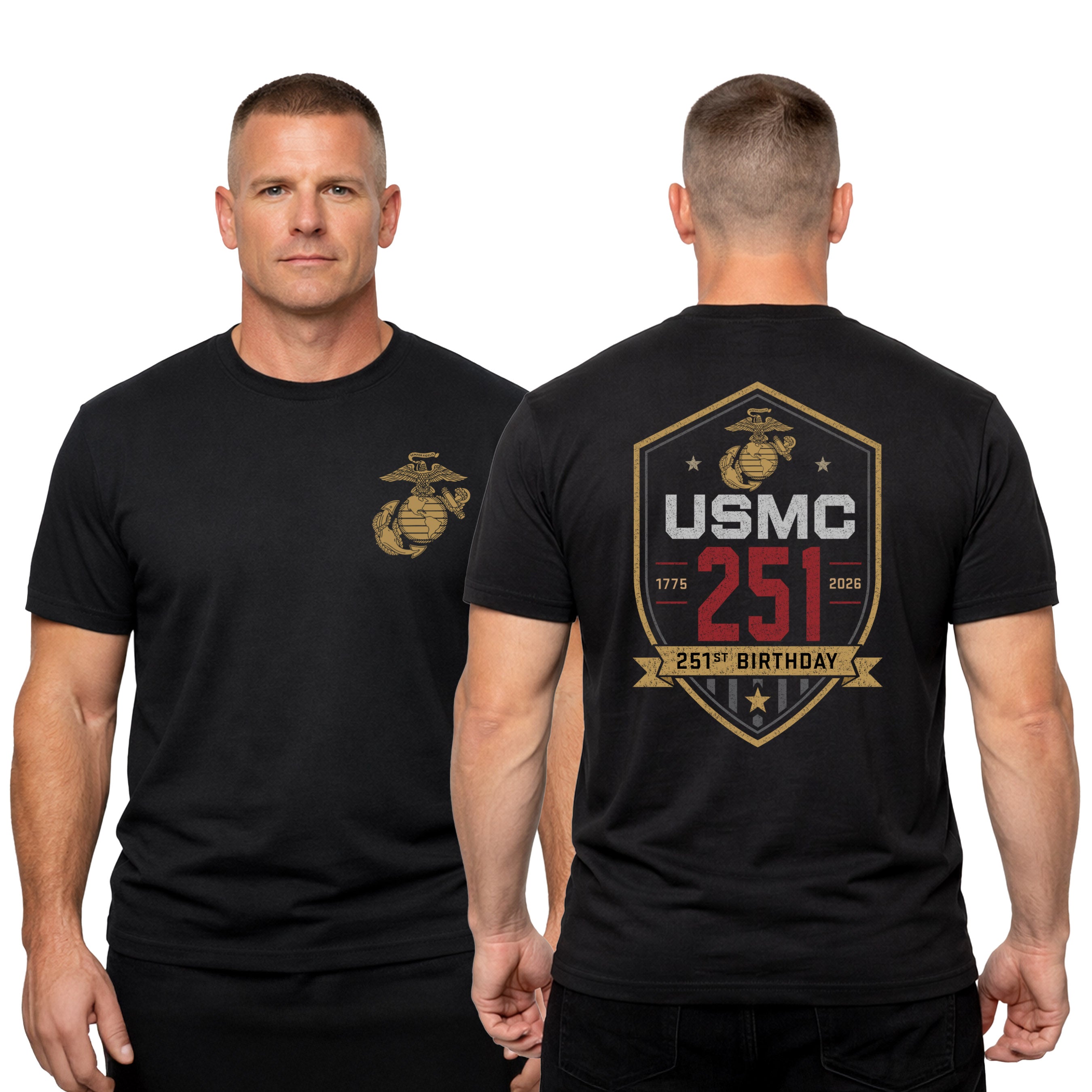 Black USMC 251st Birthday T-shirt 1775–2026 with shield back graphic and Eagle Globe and Anchor chest design