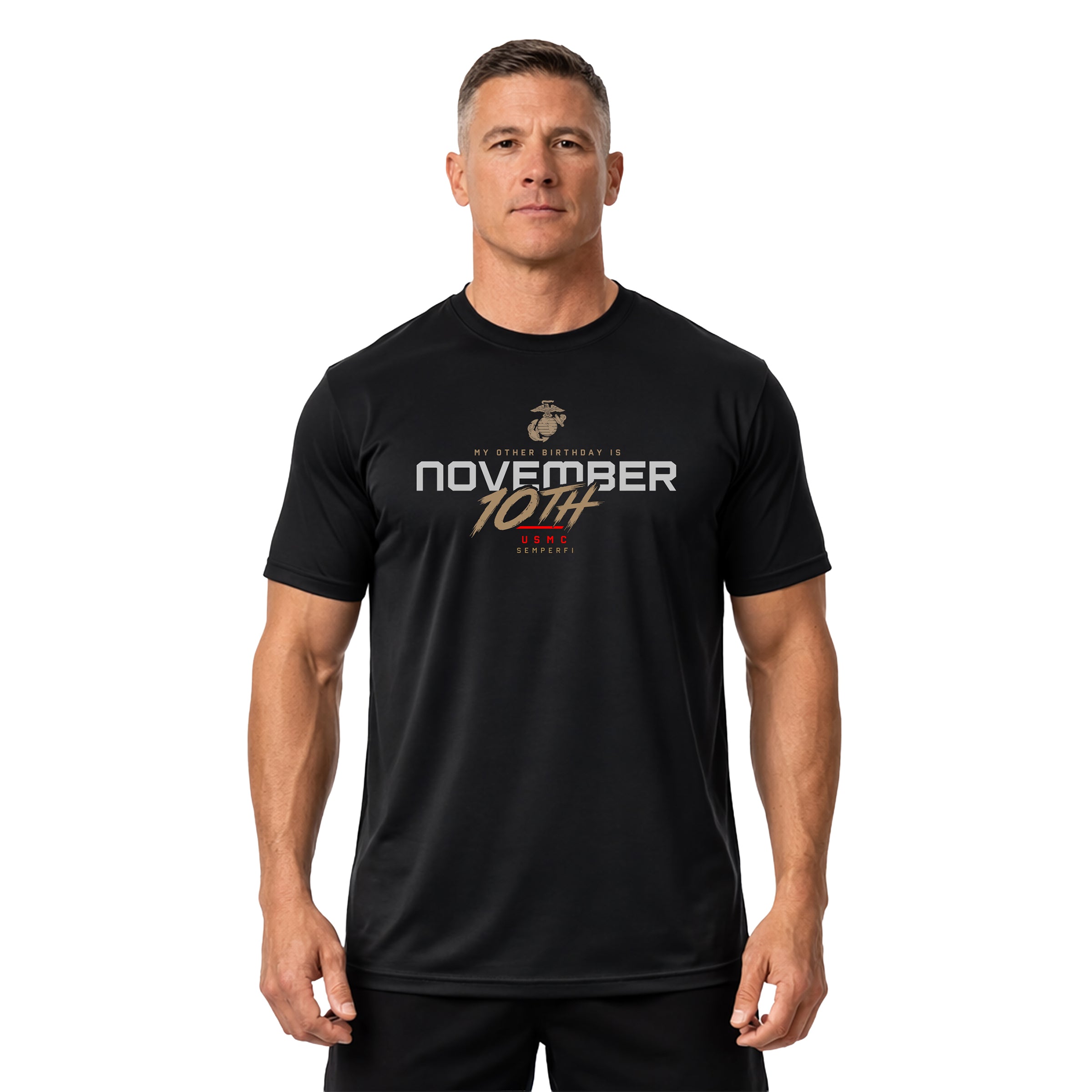 Black USMC November 10th My Other Birthday performance T-shirt with front Marine Corps Birthday graphic