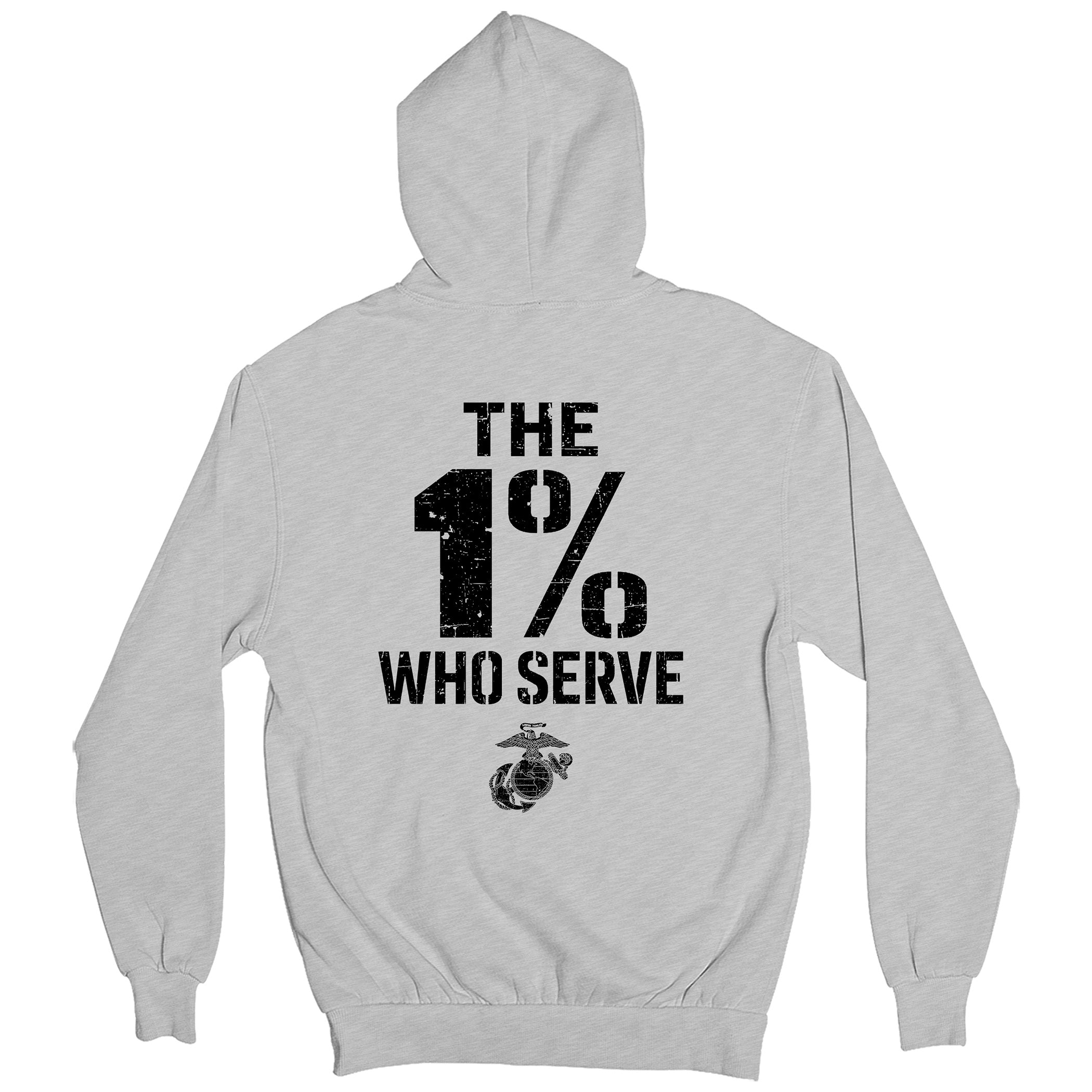 The 1% Who Serve USMC Grey Hoodie with the 1% who serve back design