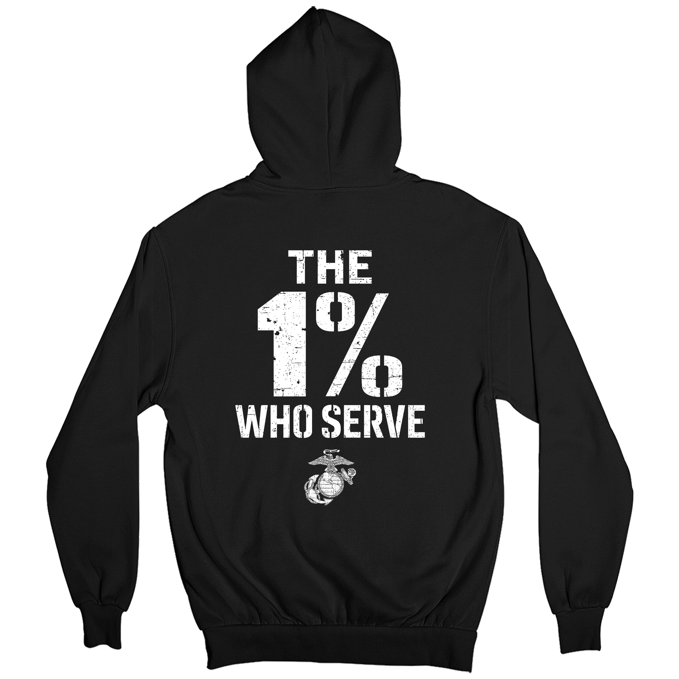 The 1% Who Serve USMC black Hoodie with the 1% who serve back design