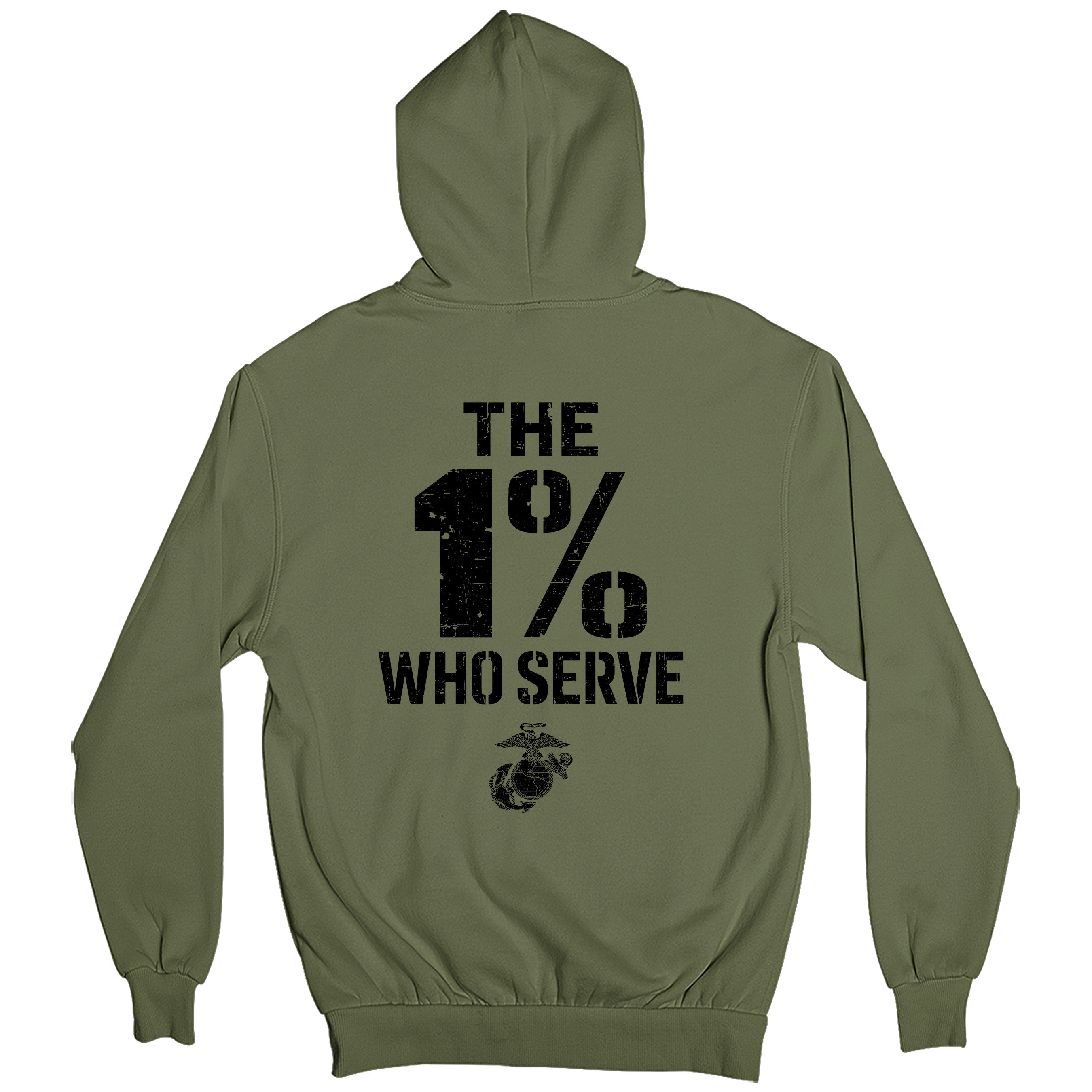 The 1% Who Serve USMC OD Green Hoodie with the 1% who serve back design