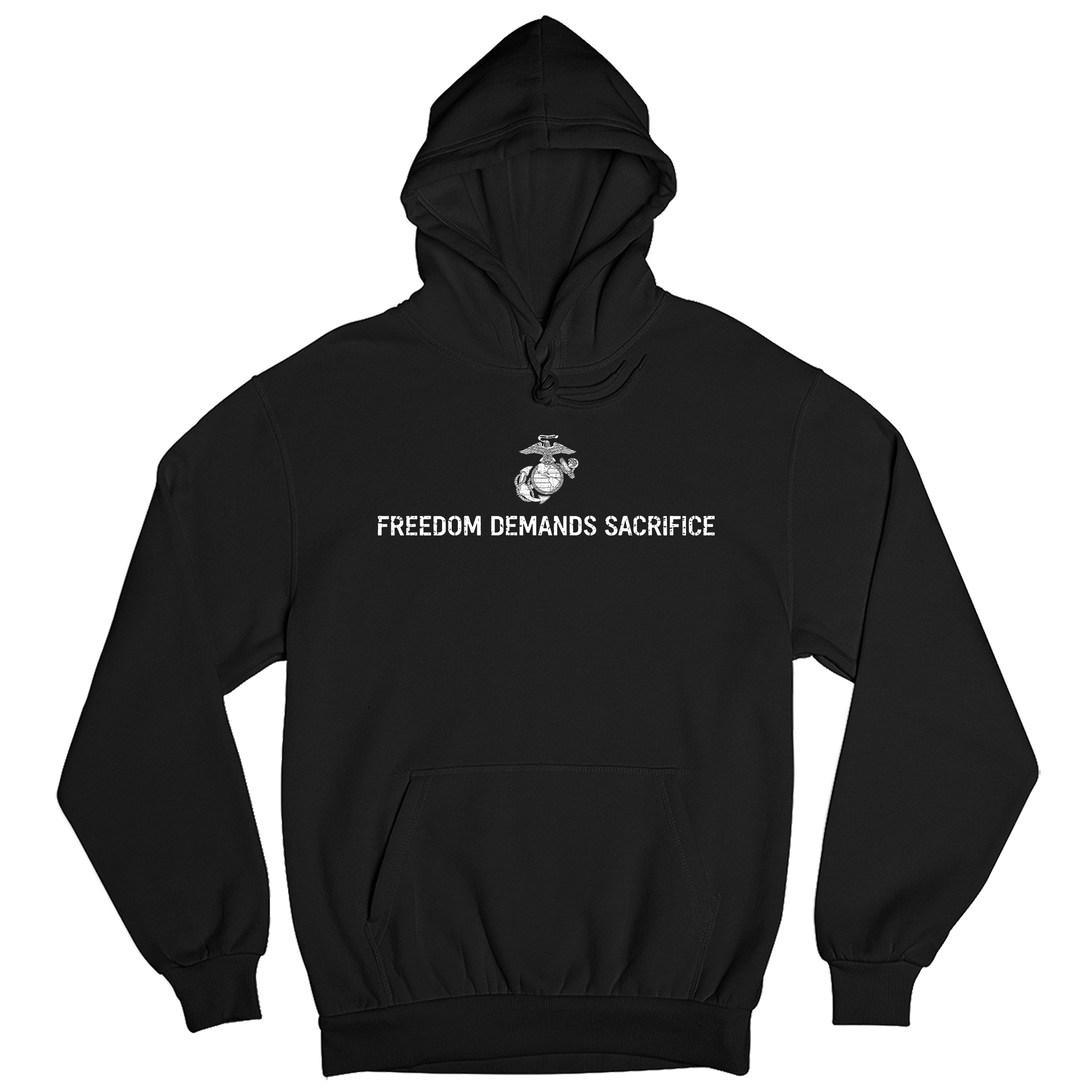 The 1% Who Serve USMC black Hoodie with Freedom Demands Sacrifice front graphic 