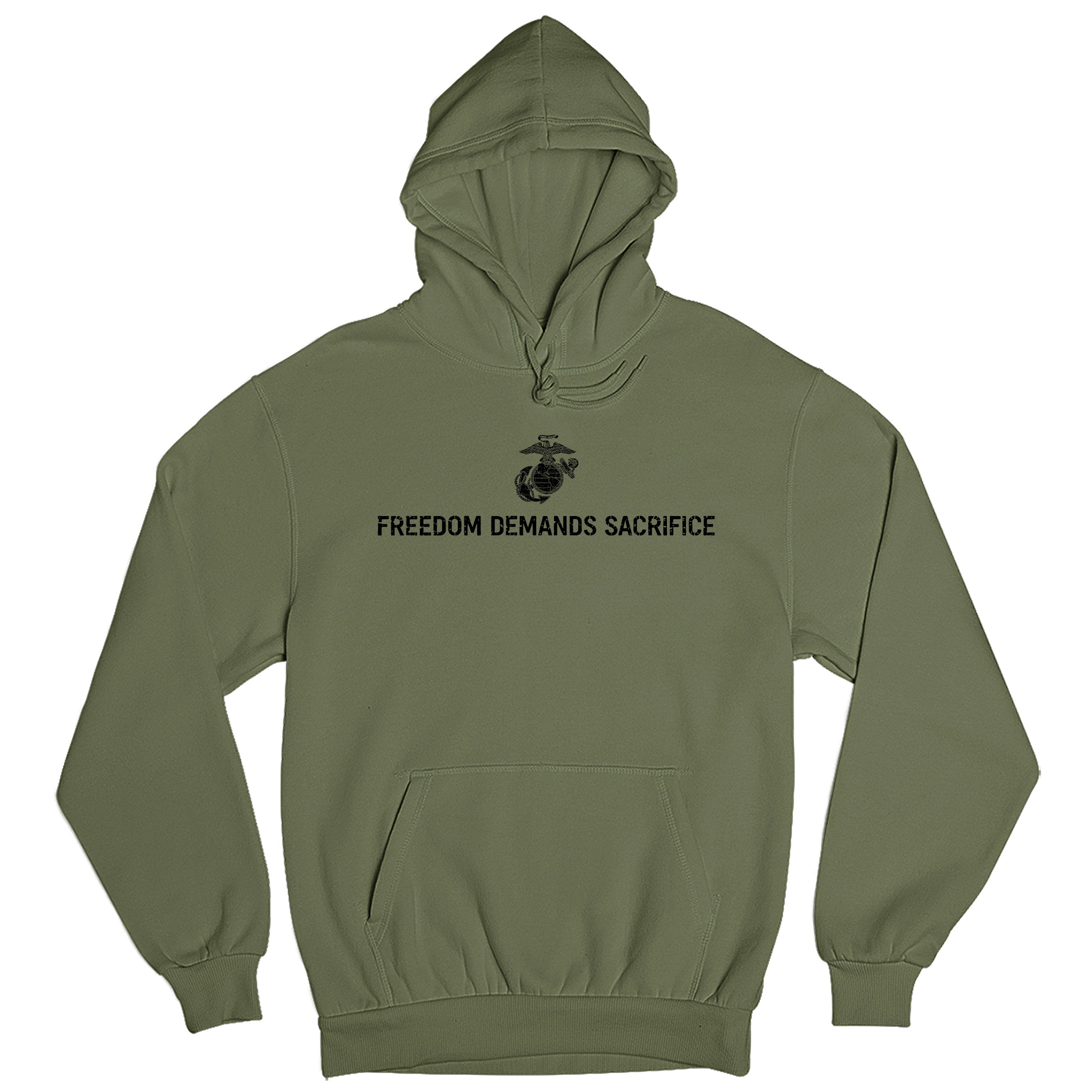 The 1% Who Serve USMC OD Green Hoodie with Freedom Demands Sacrifice front graphic 