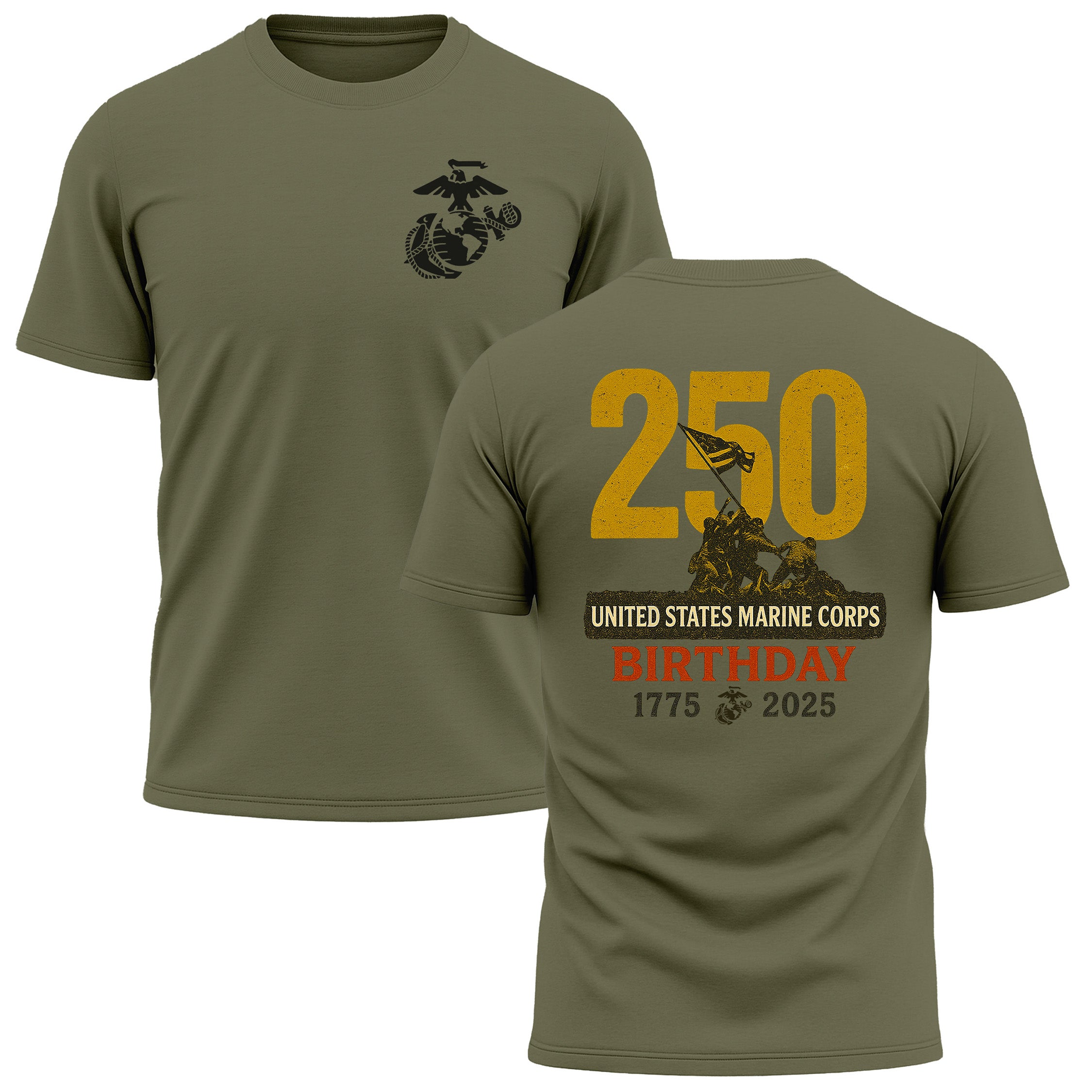 Marines 250th Birthday Performance T-shirt featuring Iwo Jima Flag Raising and 'United States Marine Corps Birthday' text. USMC 250th anniversary tee.