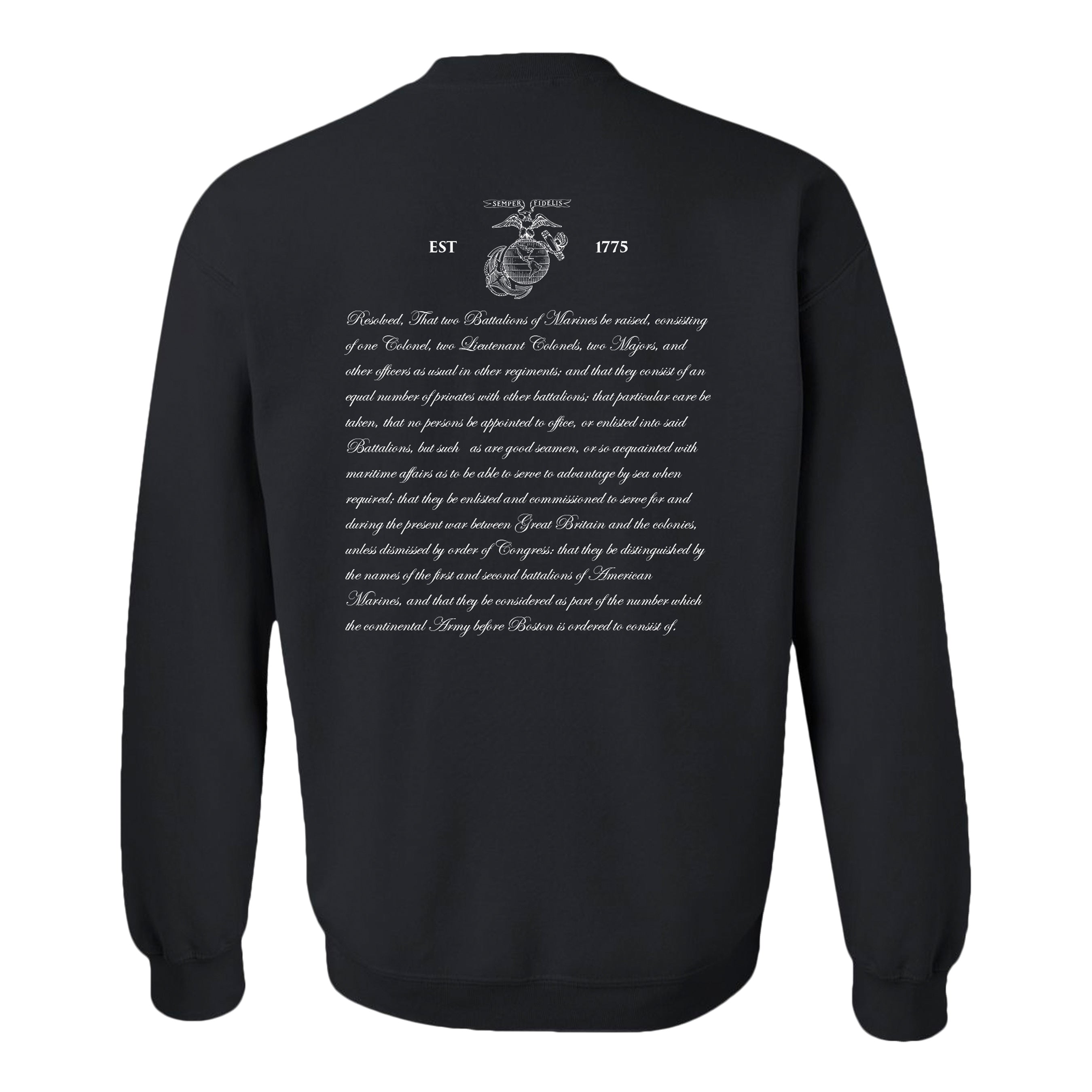 Black Marine Corps 250th Anniversary sweatshirt with Continental Marines Act text 