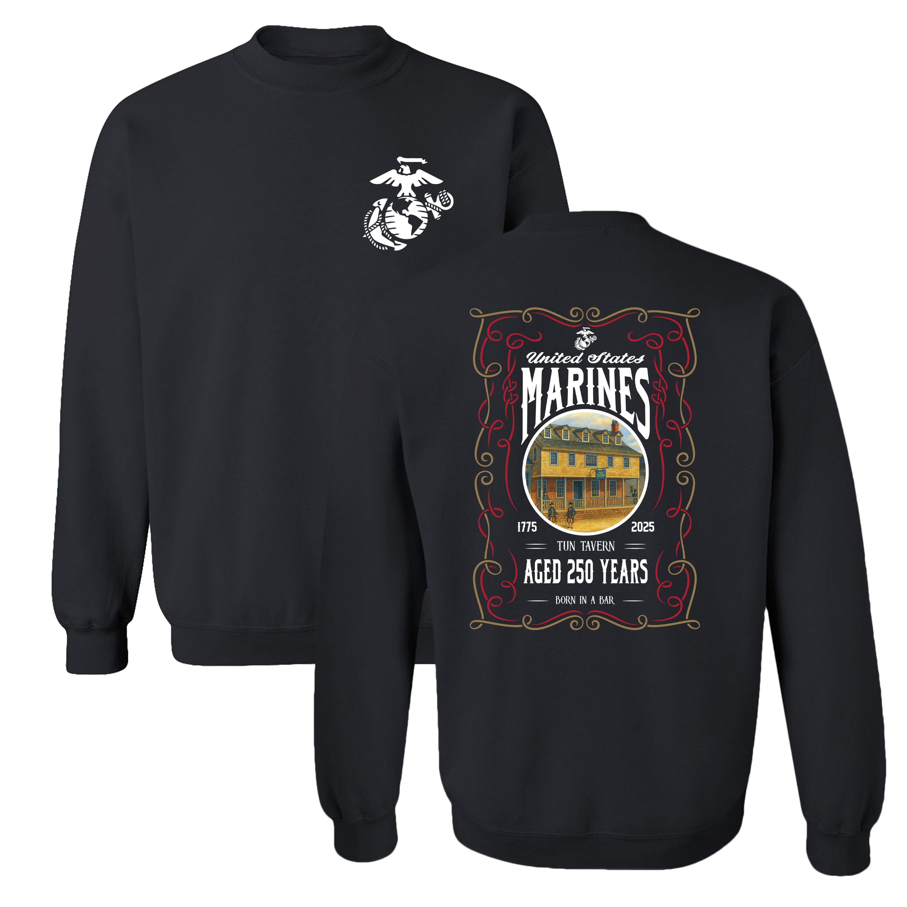 Marine Corps 250th Tun Tavern sweatshirt in black featuring Eagle, Globe, and Anchor chest seal on front and full Tun Tavern 250th Birthday back design
