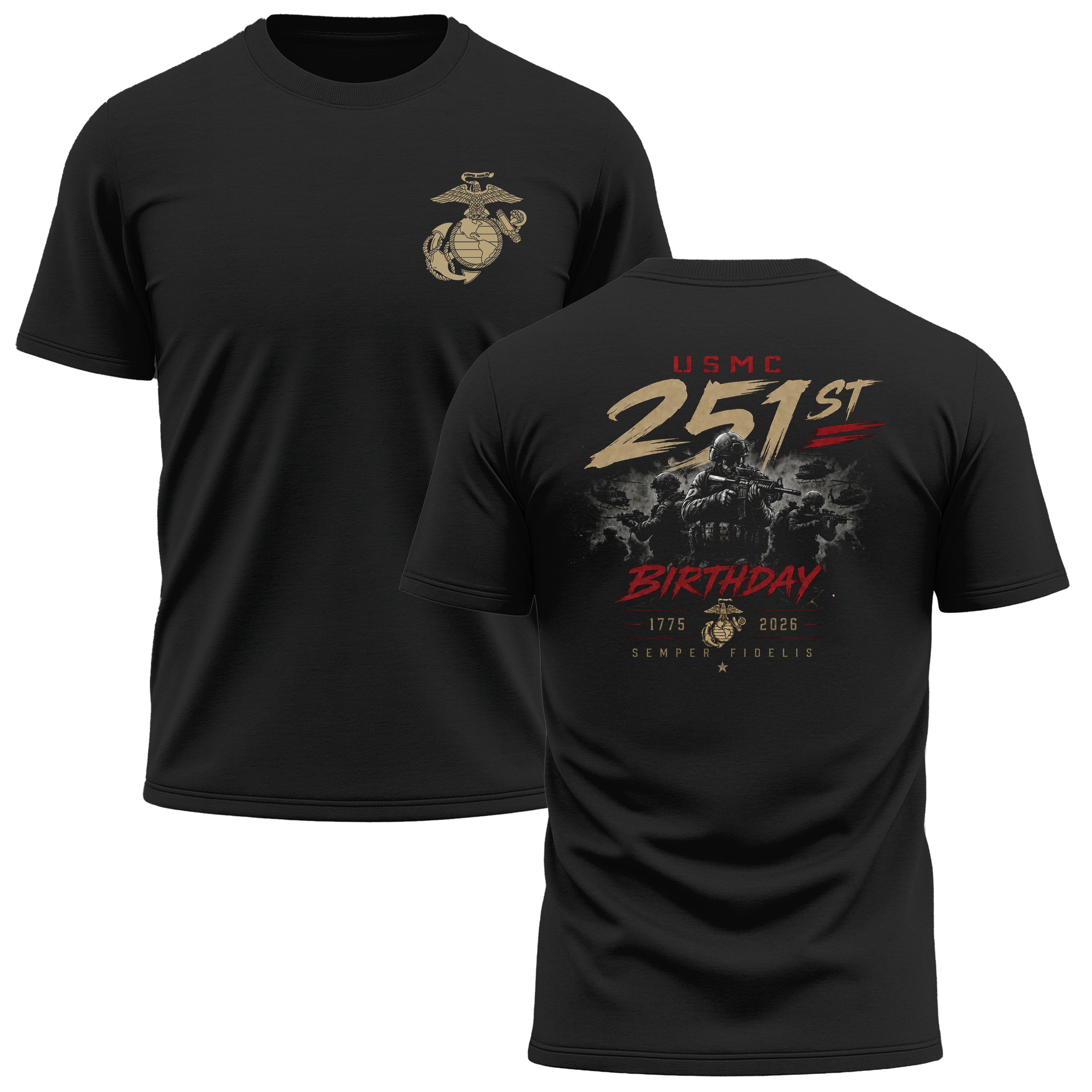 Black USMC 251st Birthday Battle Ready performance T-shirt with Marines combat graphic, Vintage Eagle Globe and Anchor chest seal, and Semper Fidelis design