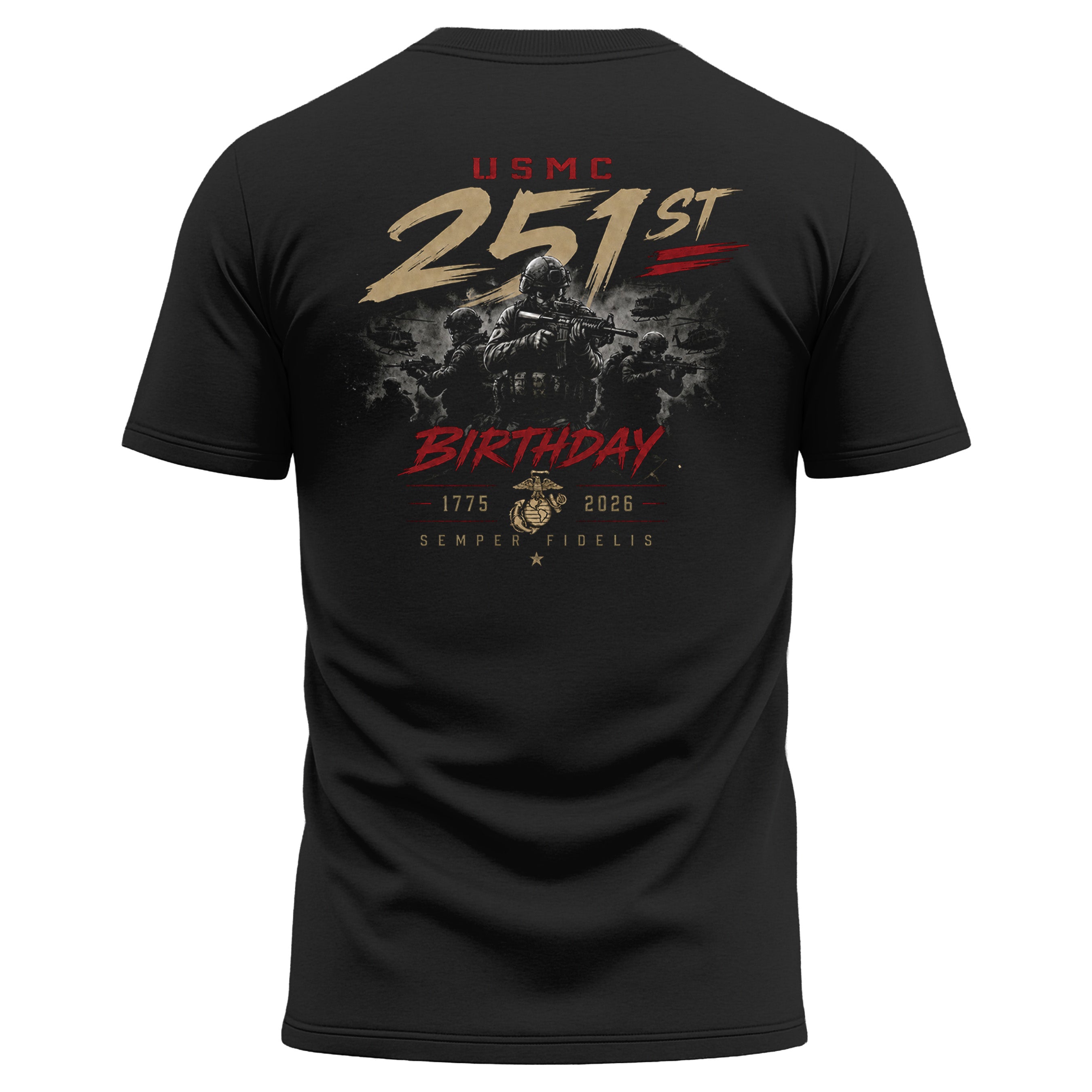 Black USMC 251st Birthday Battle Ready performance T-shirt with Marines combat graphic and Semper Fidelis design