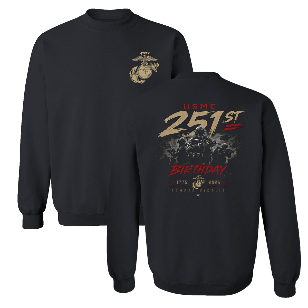 Black USMC 251st Birthday Battle Ready sweatshirt with Marines combat graphic, Vintage Eagle Globe and Anchor chest seal, and Semper Fidelis design