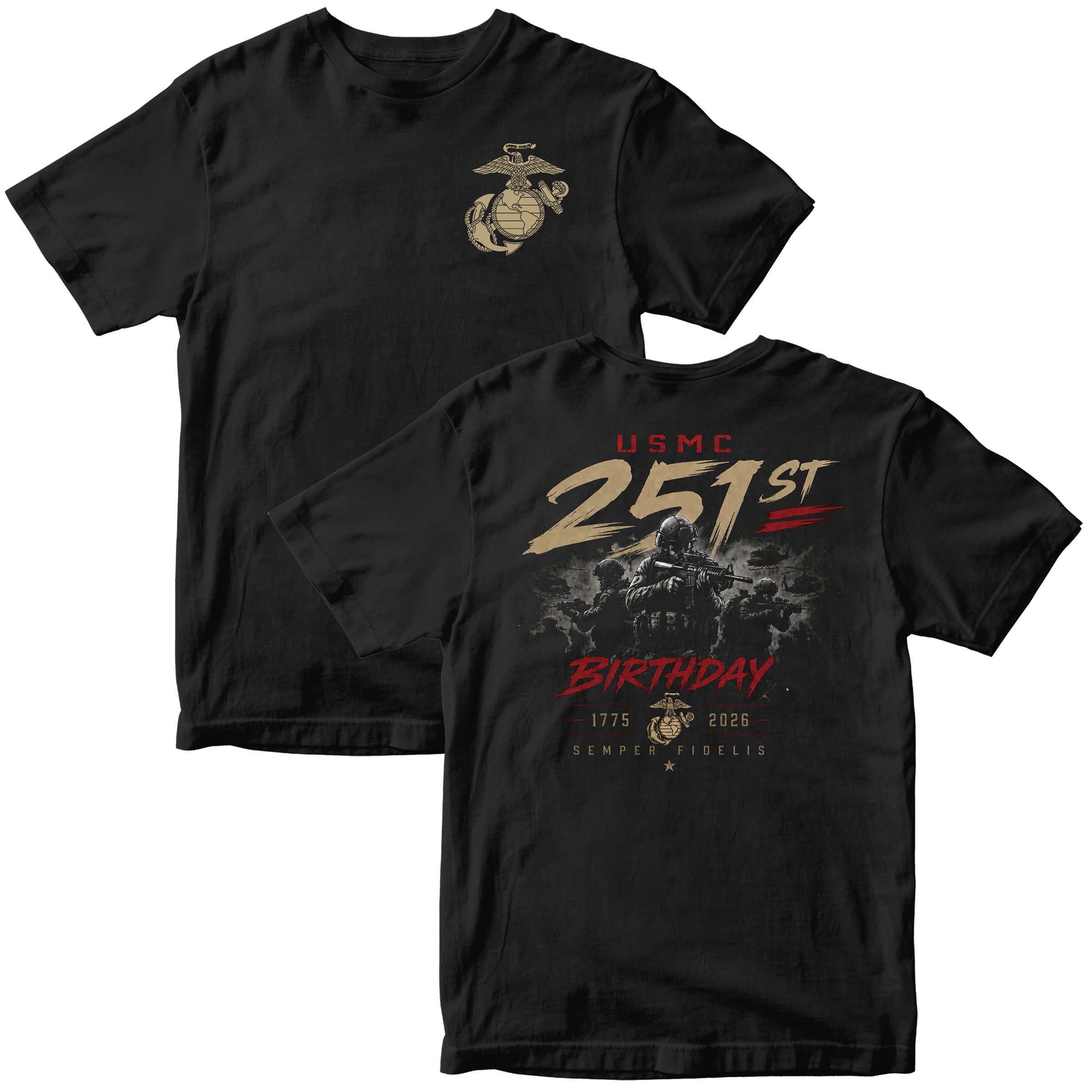 Black USMC 251st Birthday Battle Ready T-shirt with Marines combat graphic, Vintage Eagle Globe and Anchor chest seal, and Semper Fidelis design