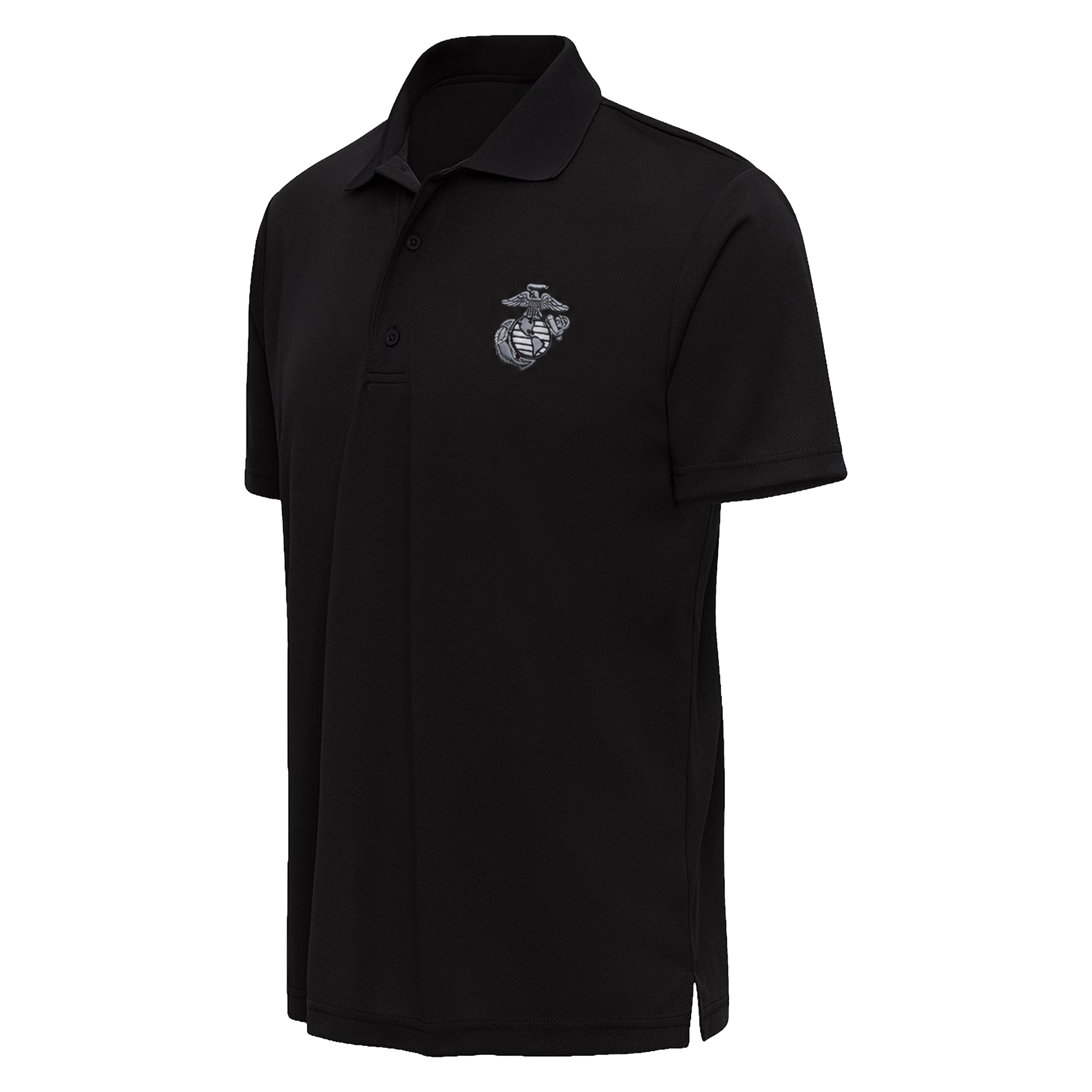Black Marines performance polo with a charcoal and gray embroidered Eagle, Globe & Anchor on the left chest. USMC Polo