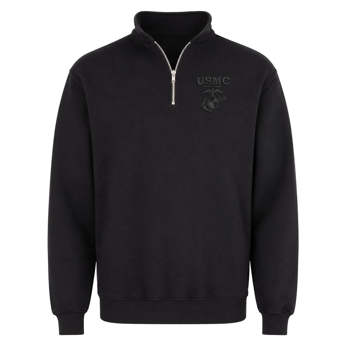 Black embroidered blackout USMC Eagle Globe and Anchor midweight quarter-zip sweatshirt