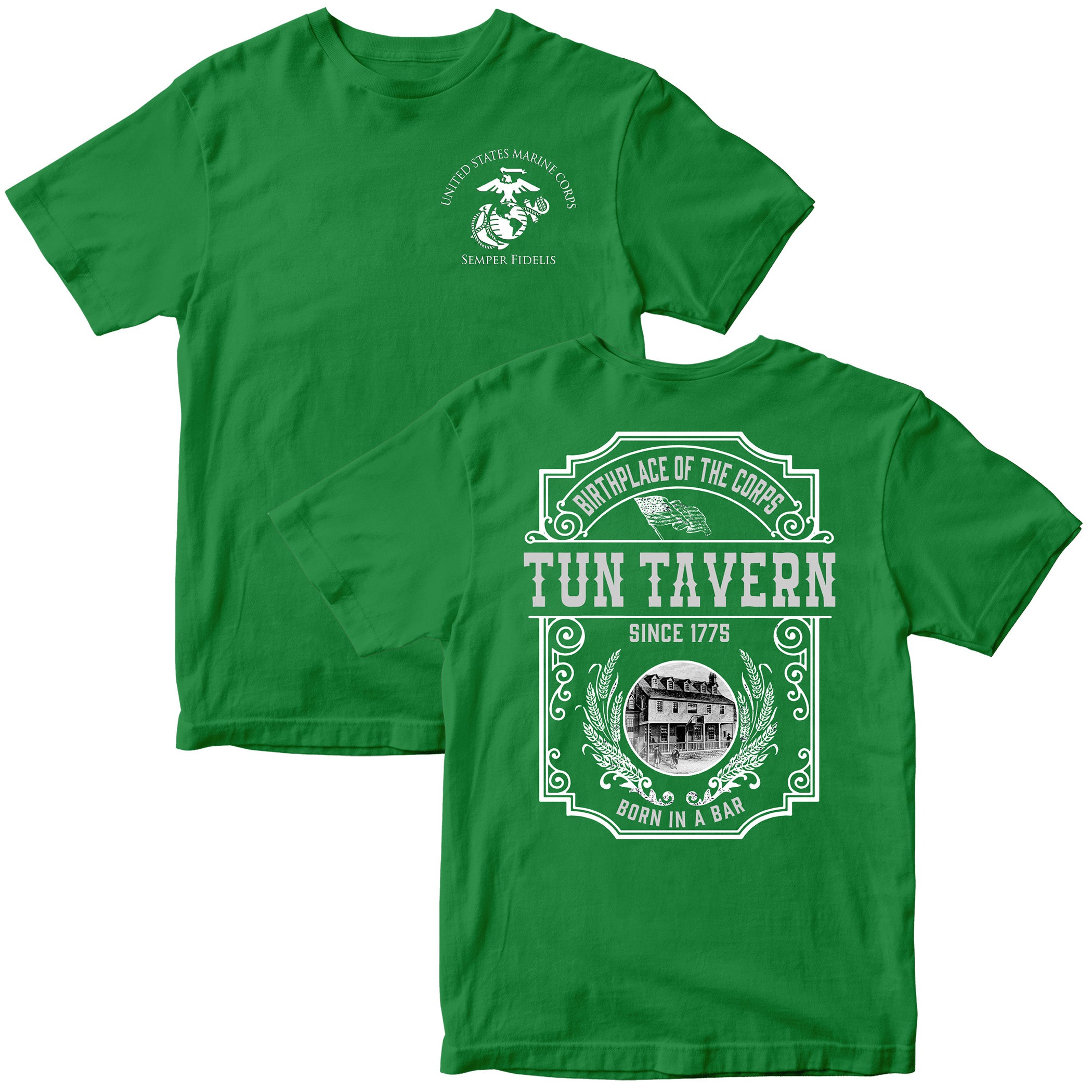 Green Marines St. Patrick’s Day T-shirt featuring Tun Tavern birthplace of the Marine Corps design