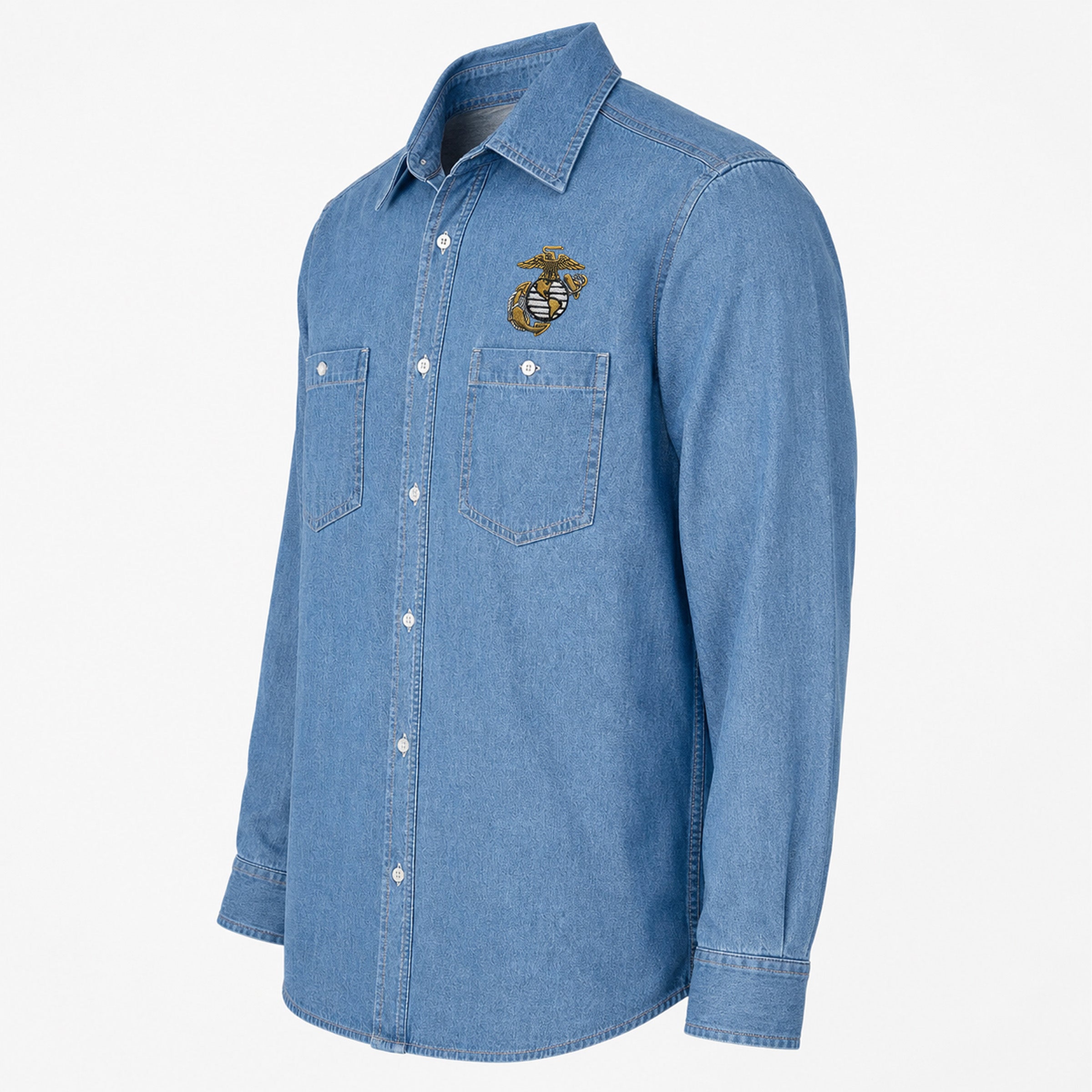 Marines Classic EGA embroidered light blue denim shirt with gold-and-black Eagle, Globe & Anchor chest embroidery and dual buttoned chest pockets.