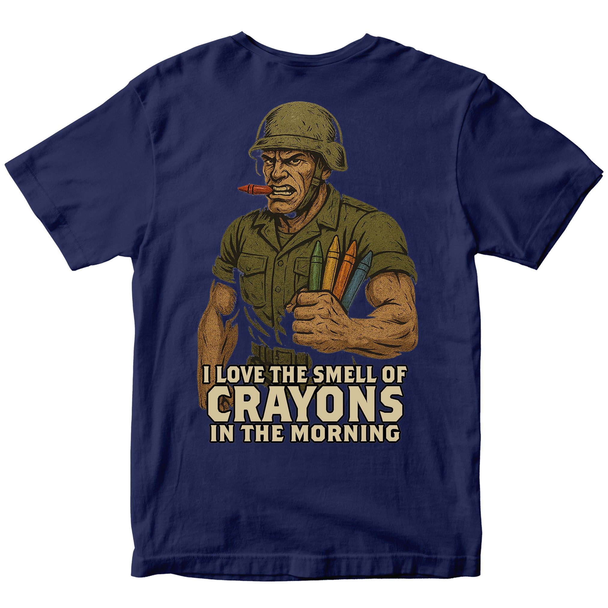 Marines Crayon Meme T-Shirt with cartoon soldier and crayon graphic. 