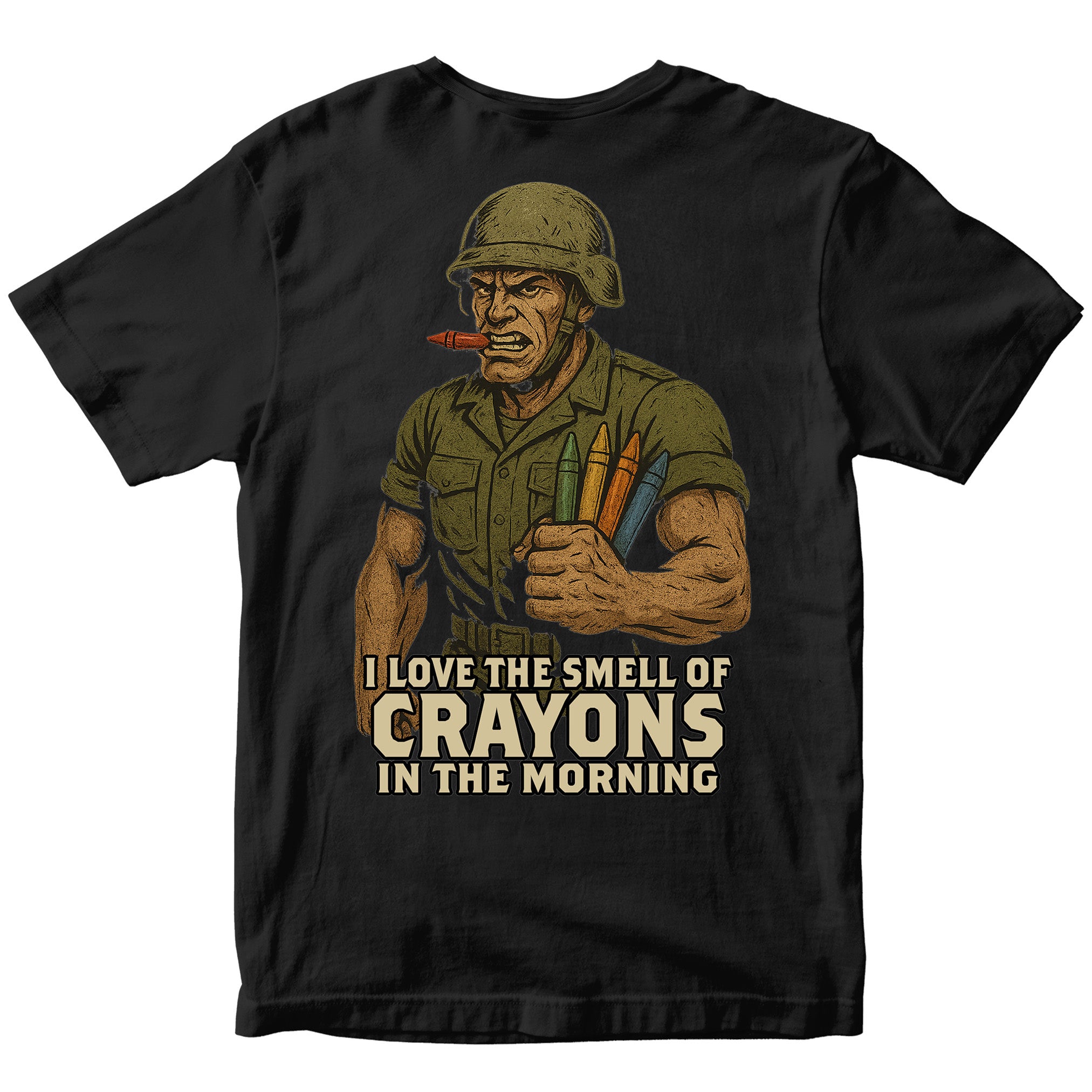 Marines Crayon Meme T-Shirt with cartoon soldier and crayon graphic. 