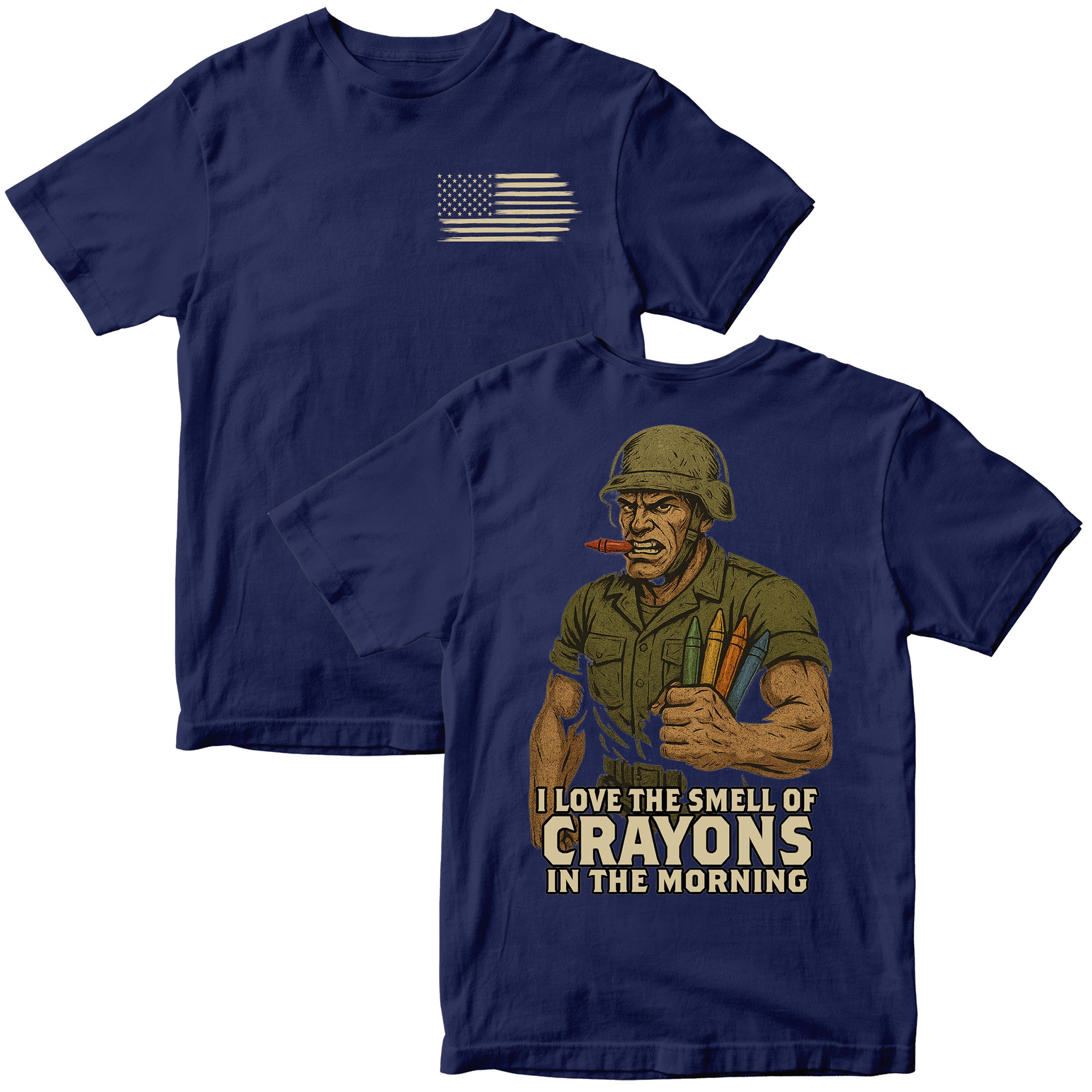 Marines Crayon Meme T-Shirt with cartoon soldier and crayon graphic. Distressed American Flag Chest Seal on Navy Blue Tee