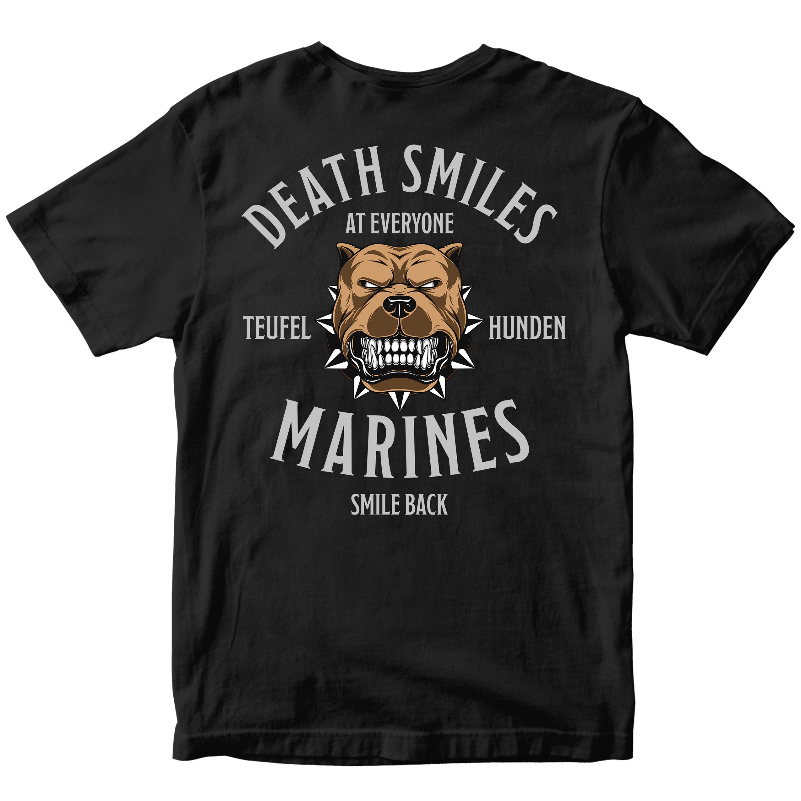 Black Marine Corps T-shirt featuring bulldog illustration with the text ‘USMC Teufel Hunden