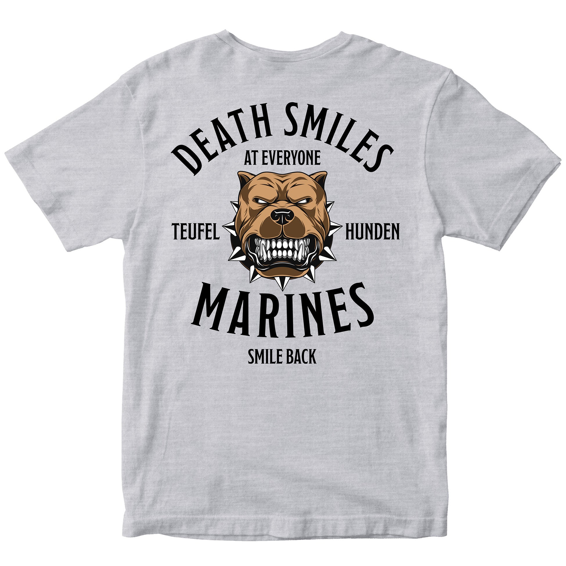 Gray Marine Corps T-shirt featuring bulldog illustration with the text ‘USMC Teufel Hunden