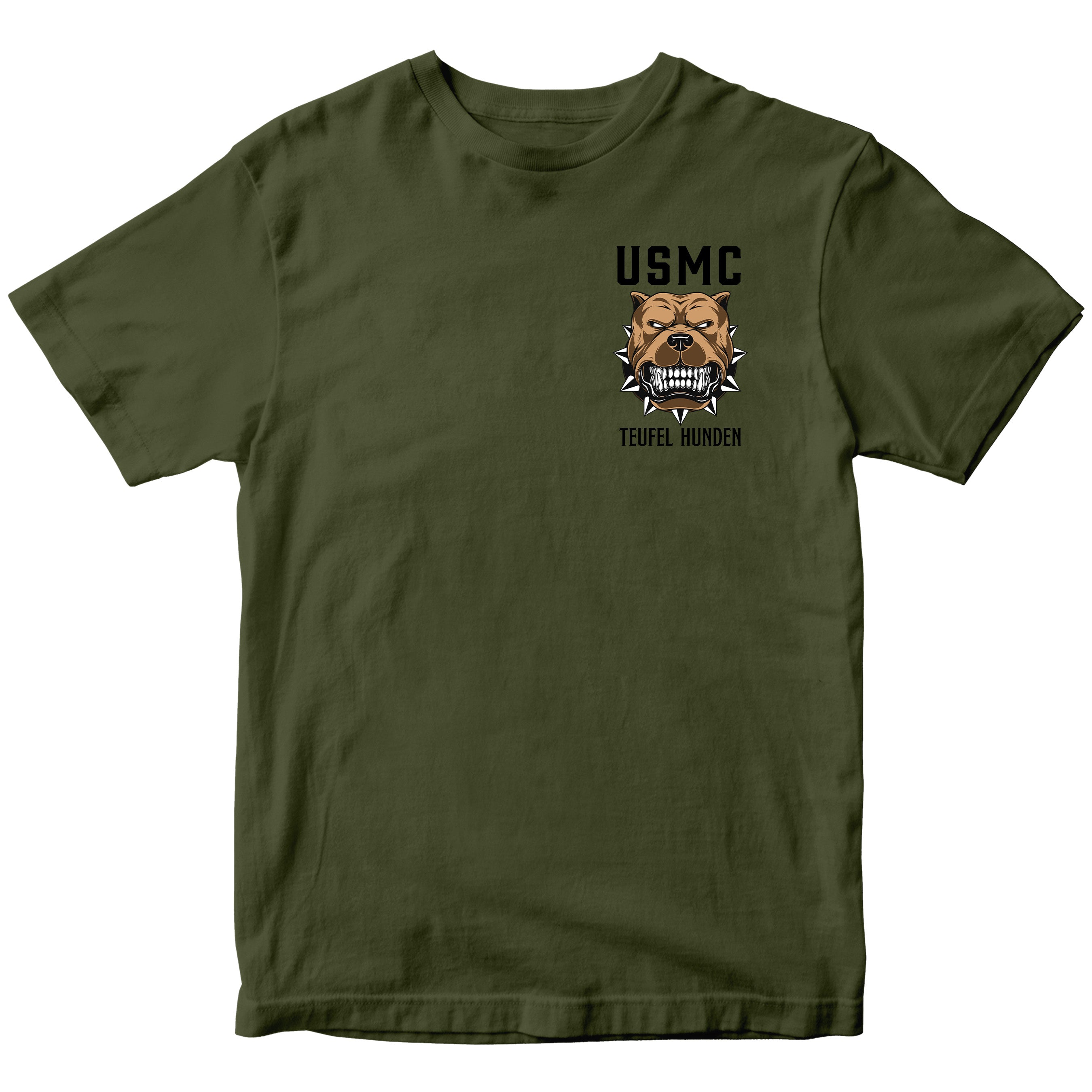 Green Marine Corps T-shirt featuring bulldog illustration with the text ‘USMC Teufel Hunden