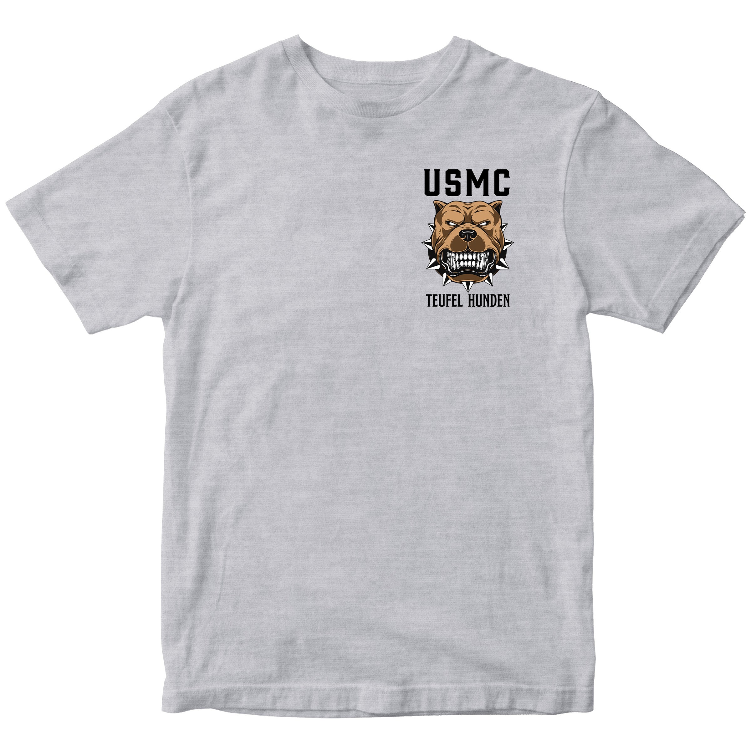 Gray Marine Corps T-shirt featuring bulldog illustration with the text ‘USMC Teufel Hunden