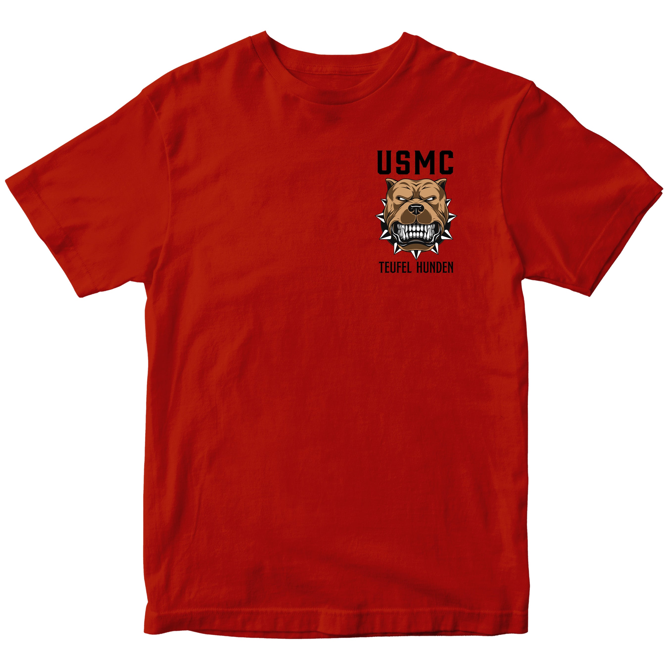 Red Marine Corps T-shirt featuring bulldog illustration with the text ‘USMC Teufel Hunden