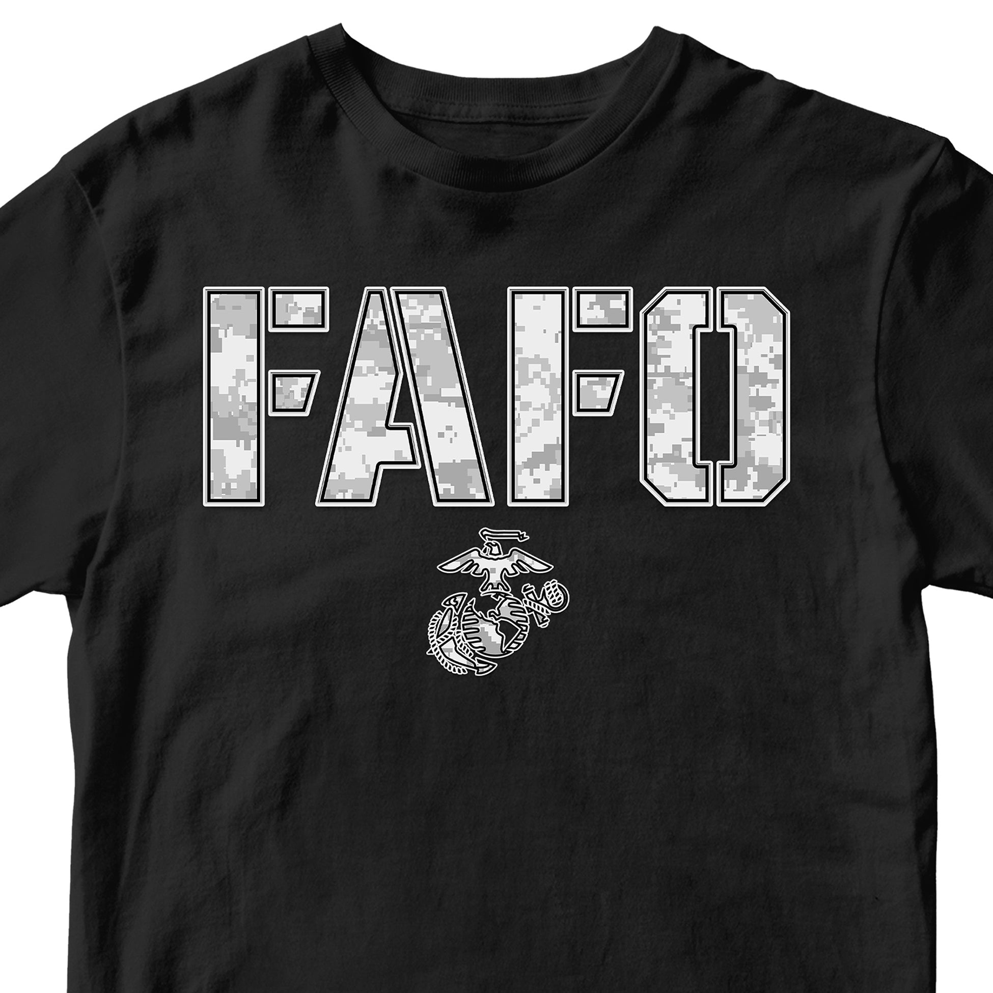 Black FAFO arctic camo T-shirt with camouflage lettering and Eagle Globe and Anchor