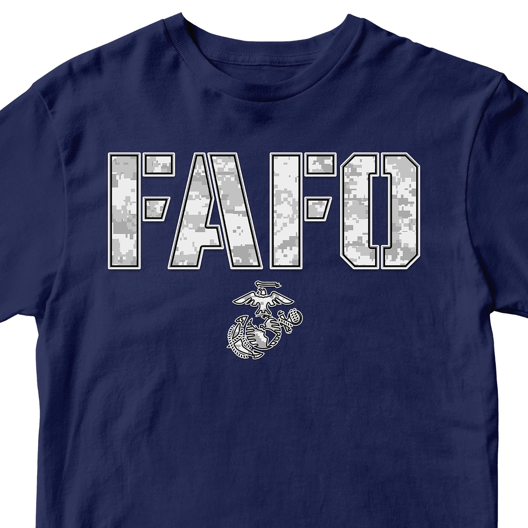 Navy Blue FAFO arctic camo T-shirt with camouflage lettering and Eagle Globe and Anchor