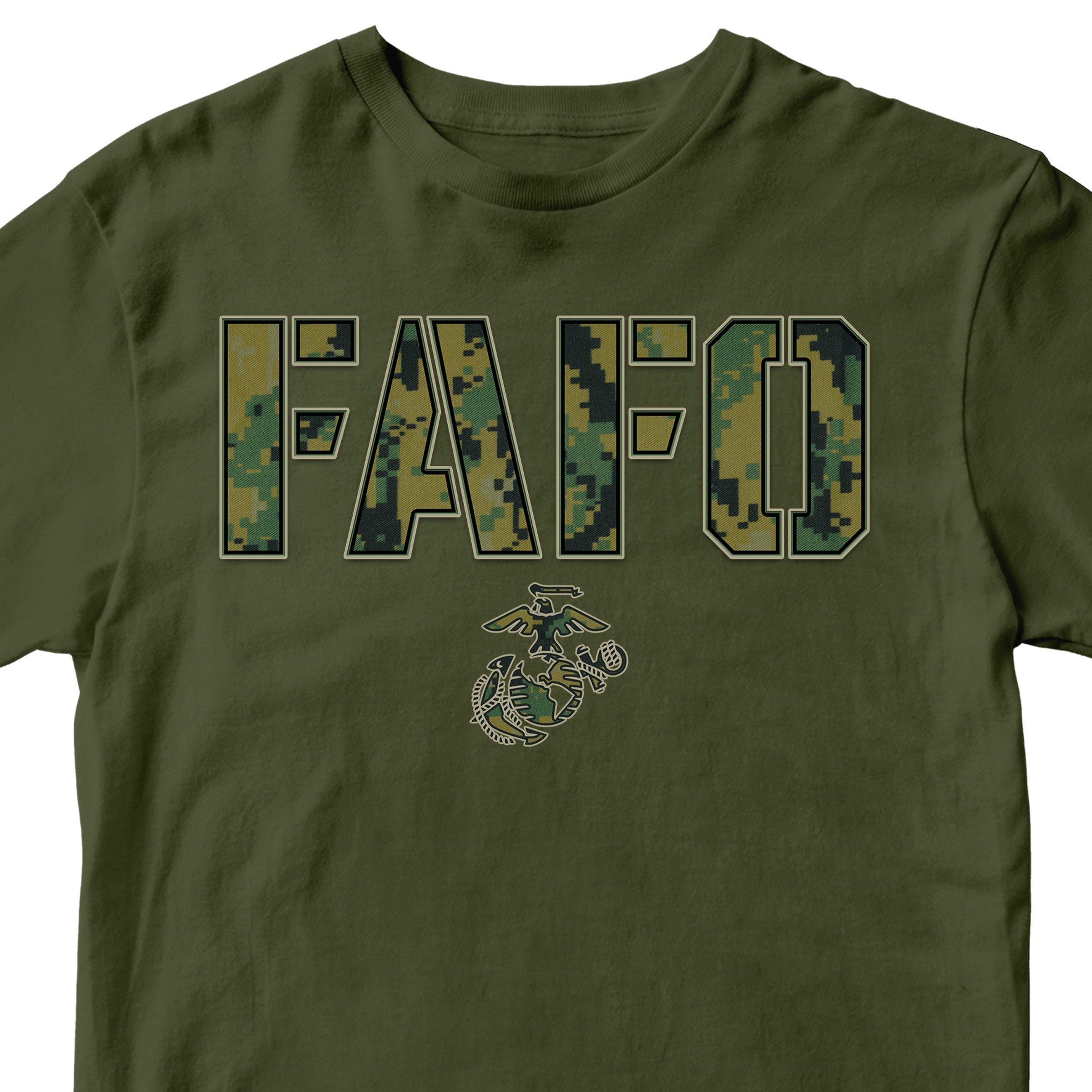 Green FAFO camo T-shirt with digital camouflage lettering and Eagle Globe and Anchor