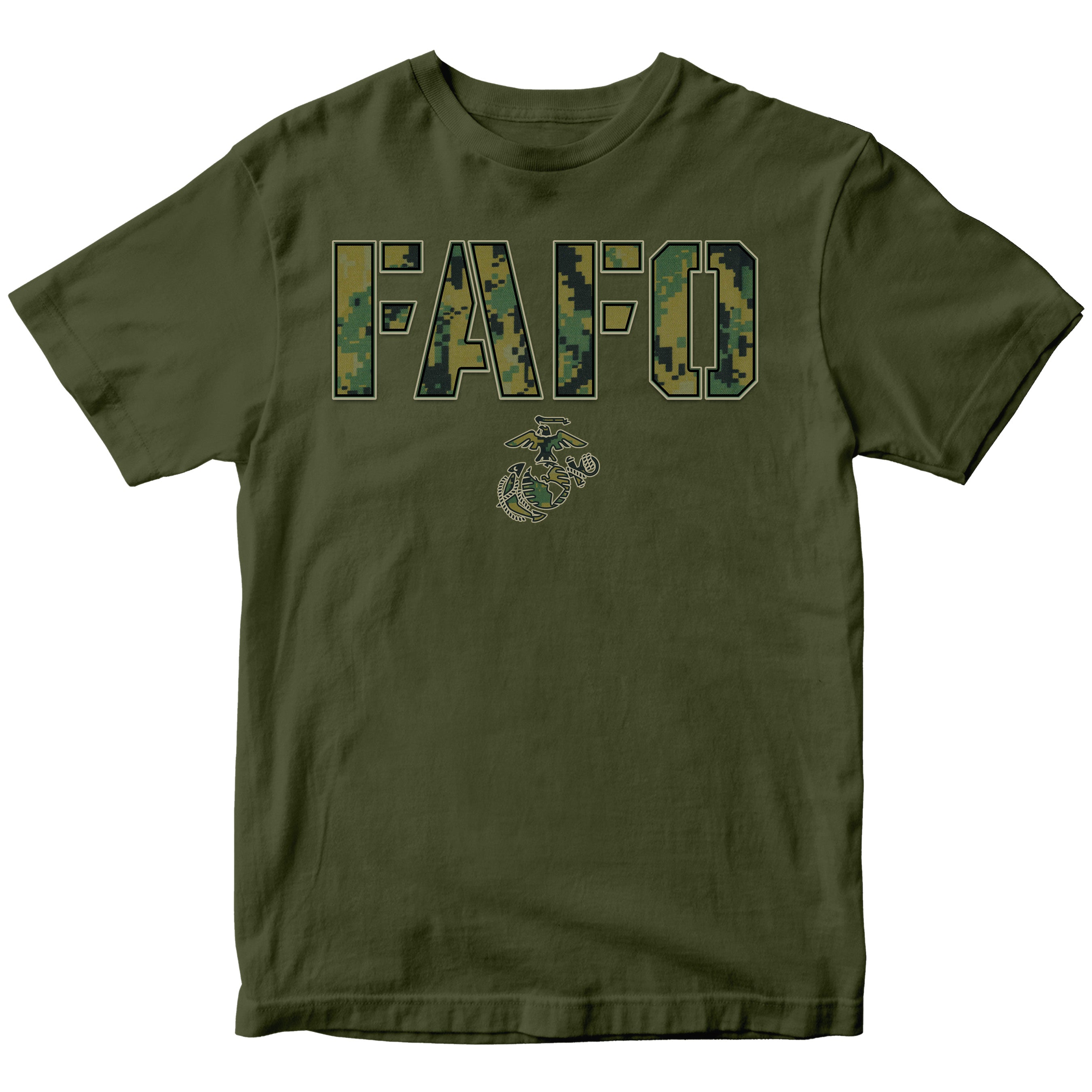 Green FAFO camo T-shirt with digital camouflage lettering and Eagle Globe and Anchor